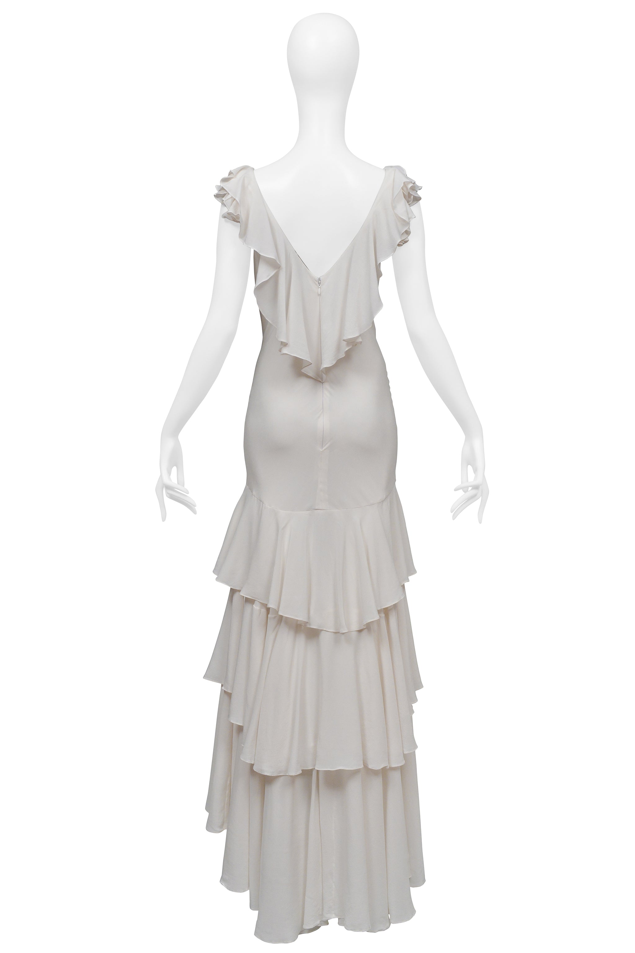 GAI MATTIOLO WHITE SILK GOWN WITH RUFFLES