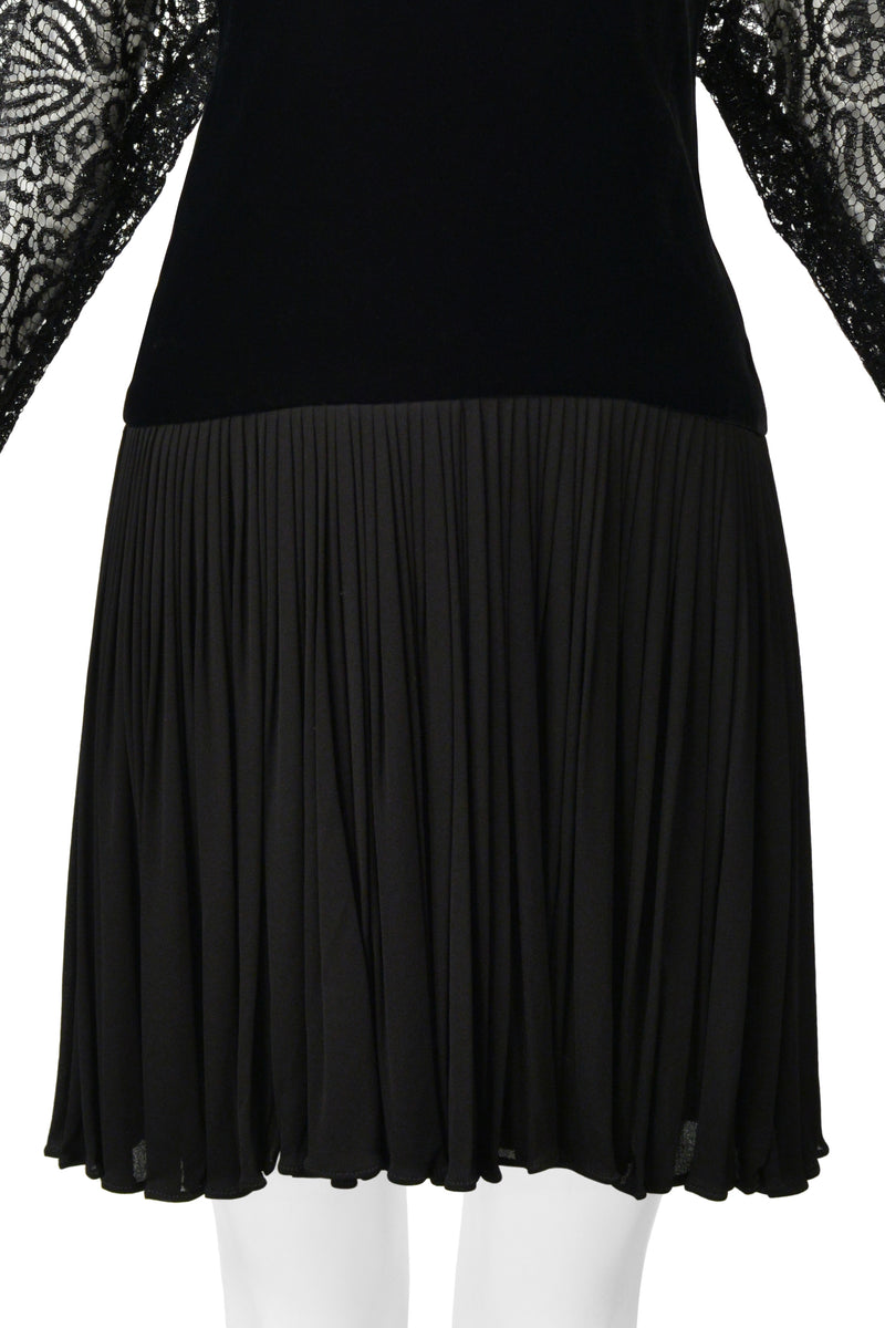 GALANOS BLACK VELVET ILLUSION DRESS WITH LACE CUTOUTS