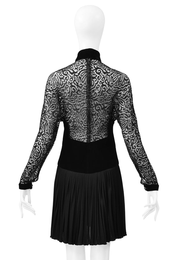 GALANOS BLACK VELVET ILLUSION DRESS WITH LACE CUTOUTS