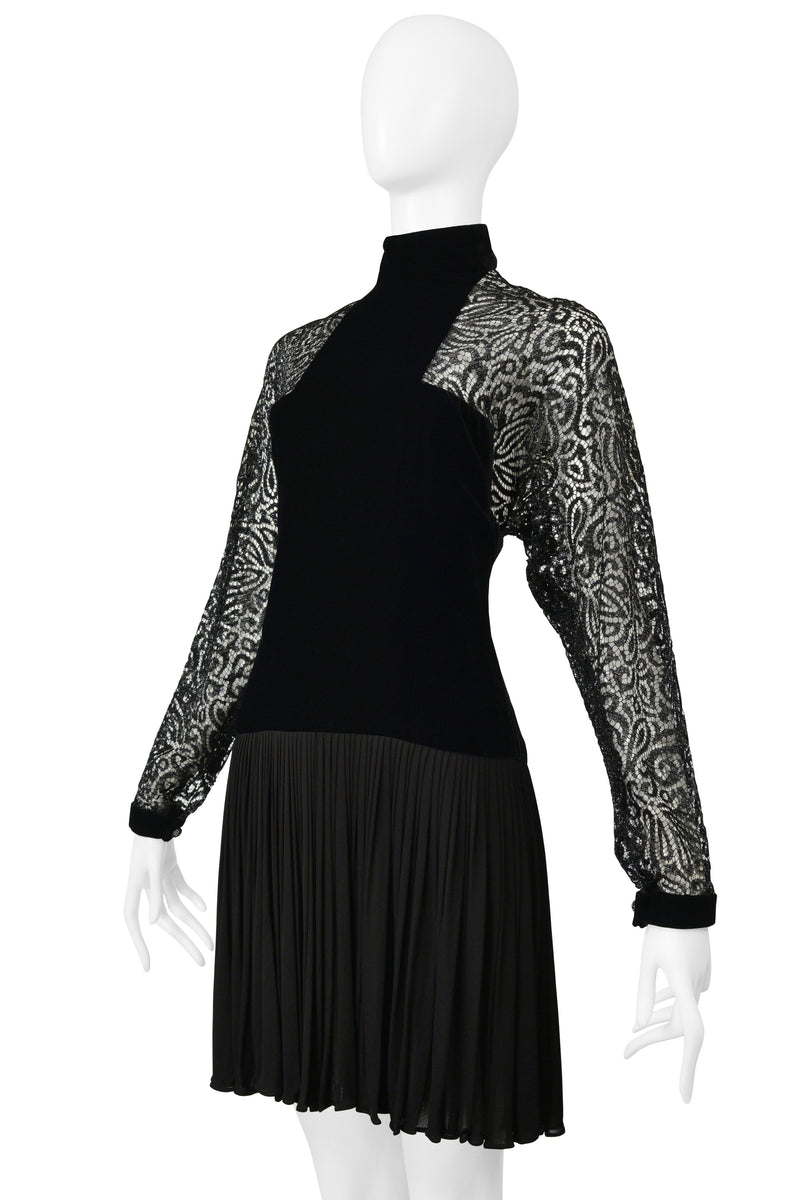 GALANOS BLACK VELVET ILLUSION DRESS WITH LACE CUTOUTS