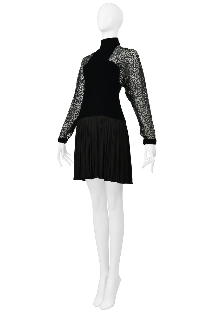 GALANOS BLACK VELVET ILLUSION DRESS WITH LACE CUTOUTS