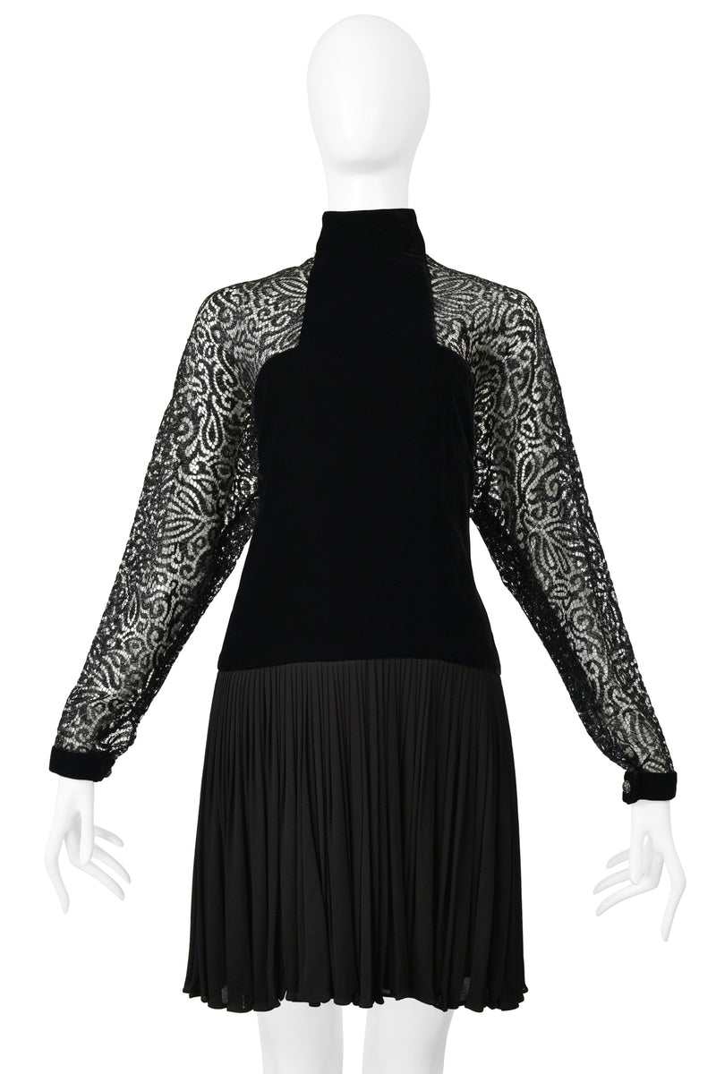 GALANOS BLACK VELVET ILLUSION DRESS WITH LACE CUTOUTS