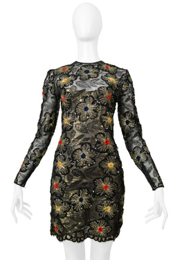 GALANOS BLACK & GOLD LACE DRESS WITH EMBROIDERED GOLD STARBURSTS