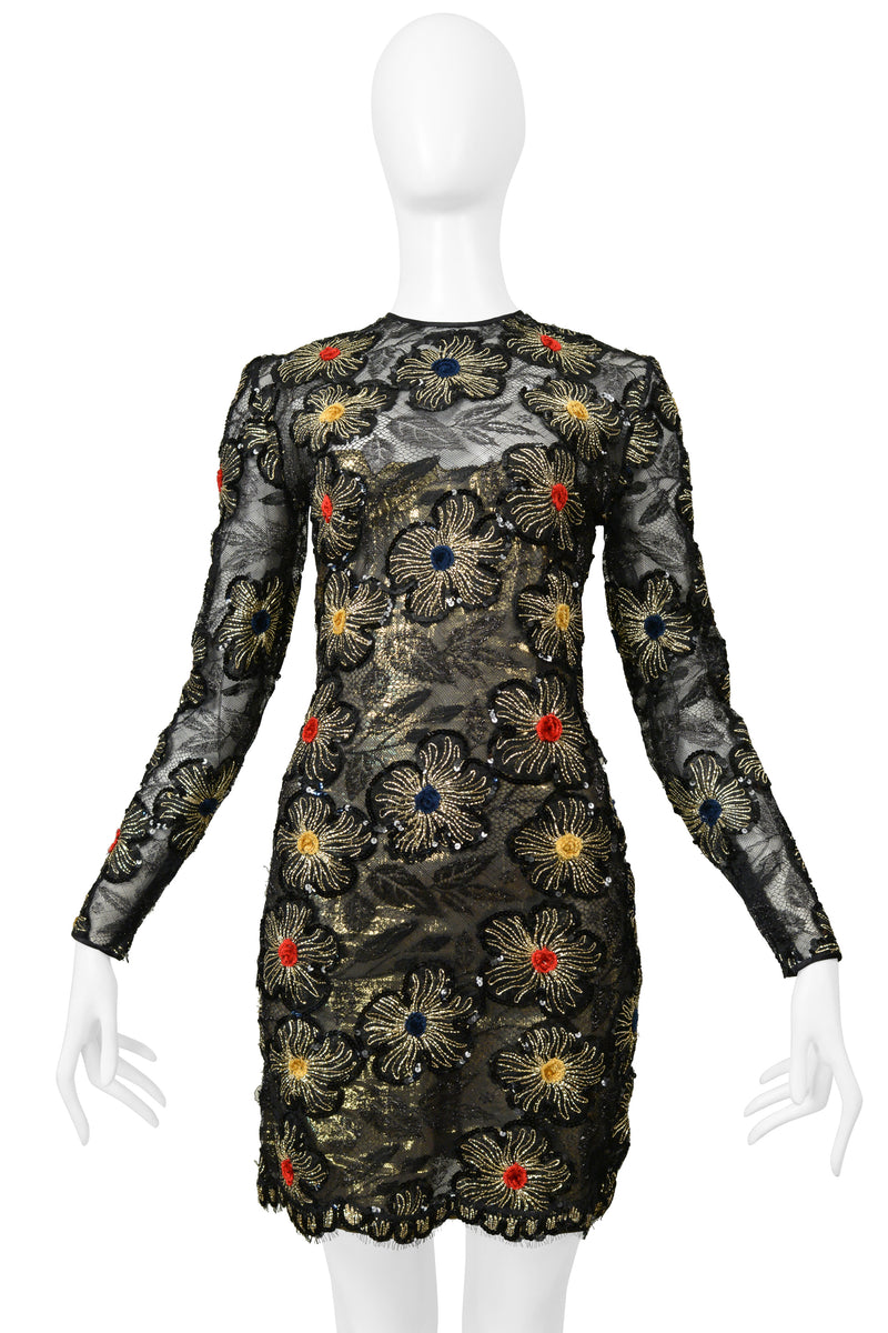 GALANOS BLACK & GOLD LACE DRESS WITH EMBROIDERED GOLD STARBURSTS