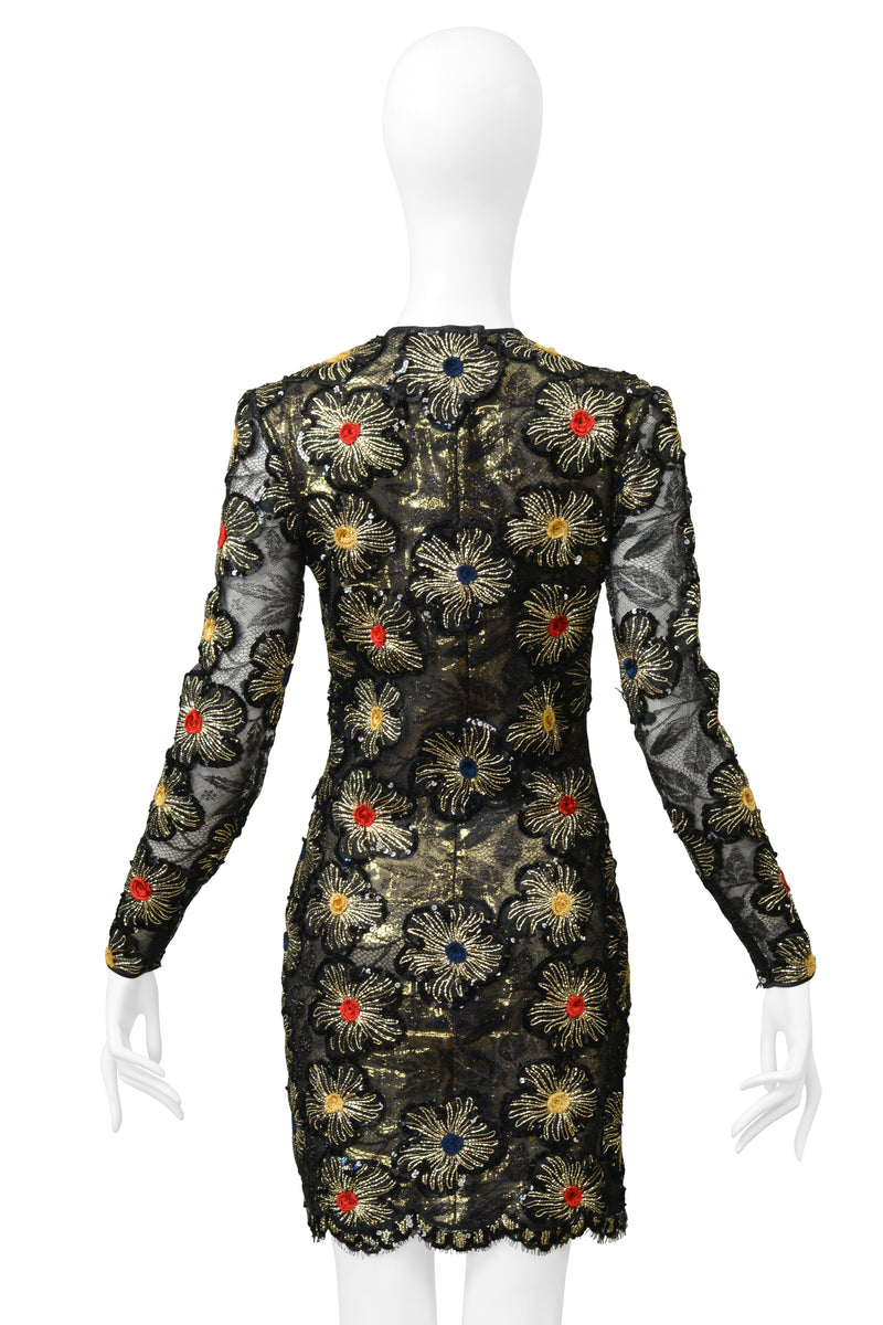 GALANOS BLACK & GOLD LACE DRESS WITH EMBROIDERED GOLD STARBURSTS