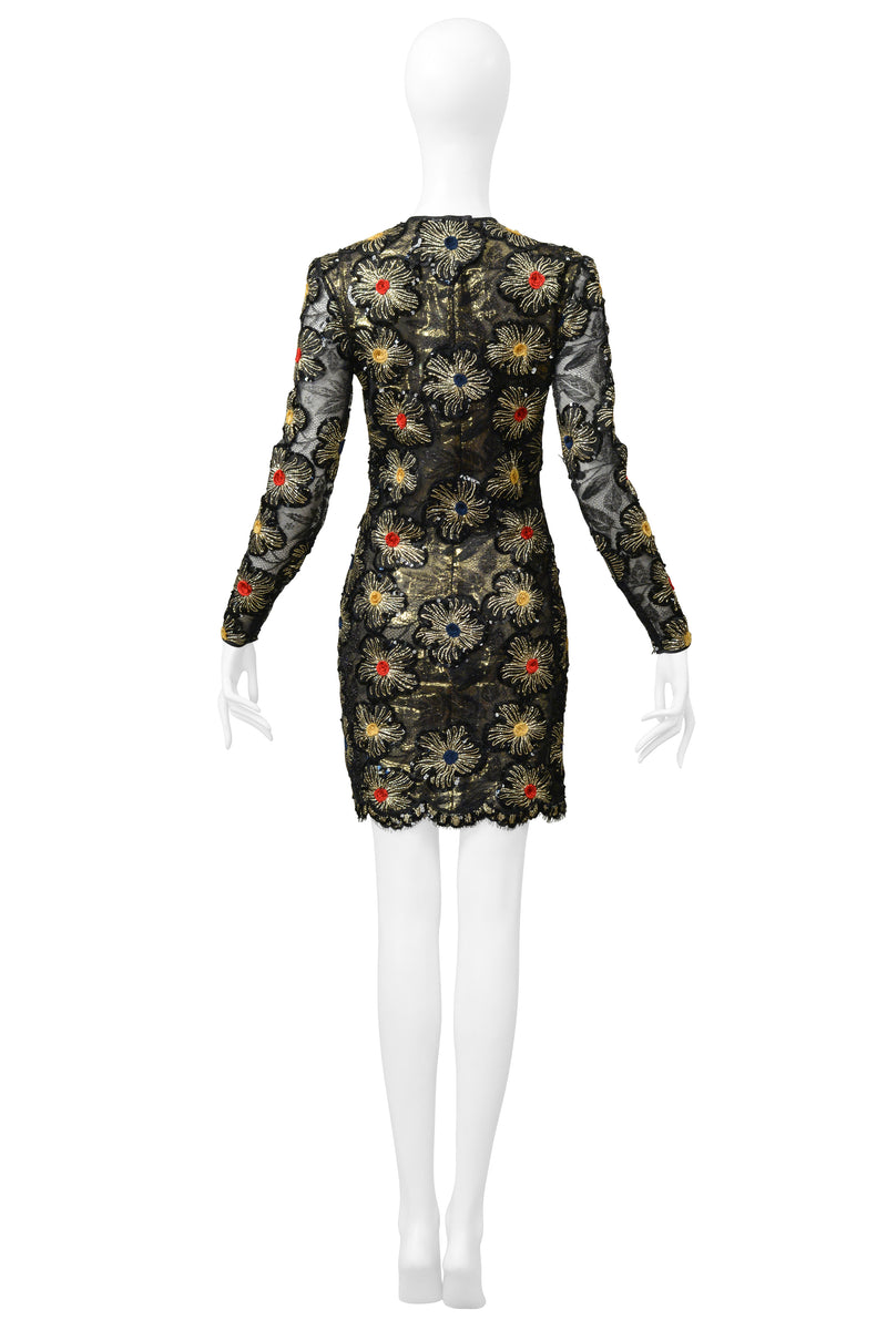 GALANOS BLACK & GOLD LACE DRESS WITH EMBROIDERED GOLD STARBURSTS