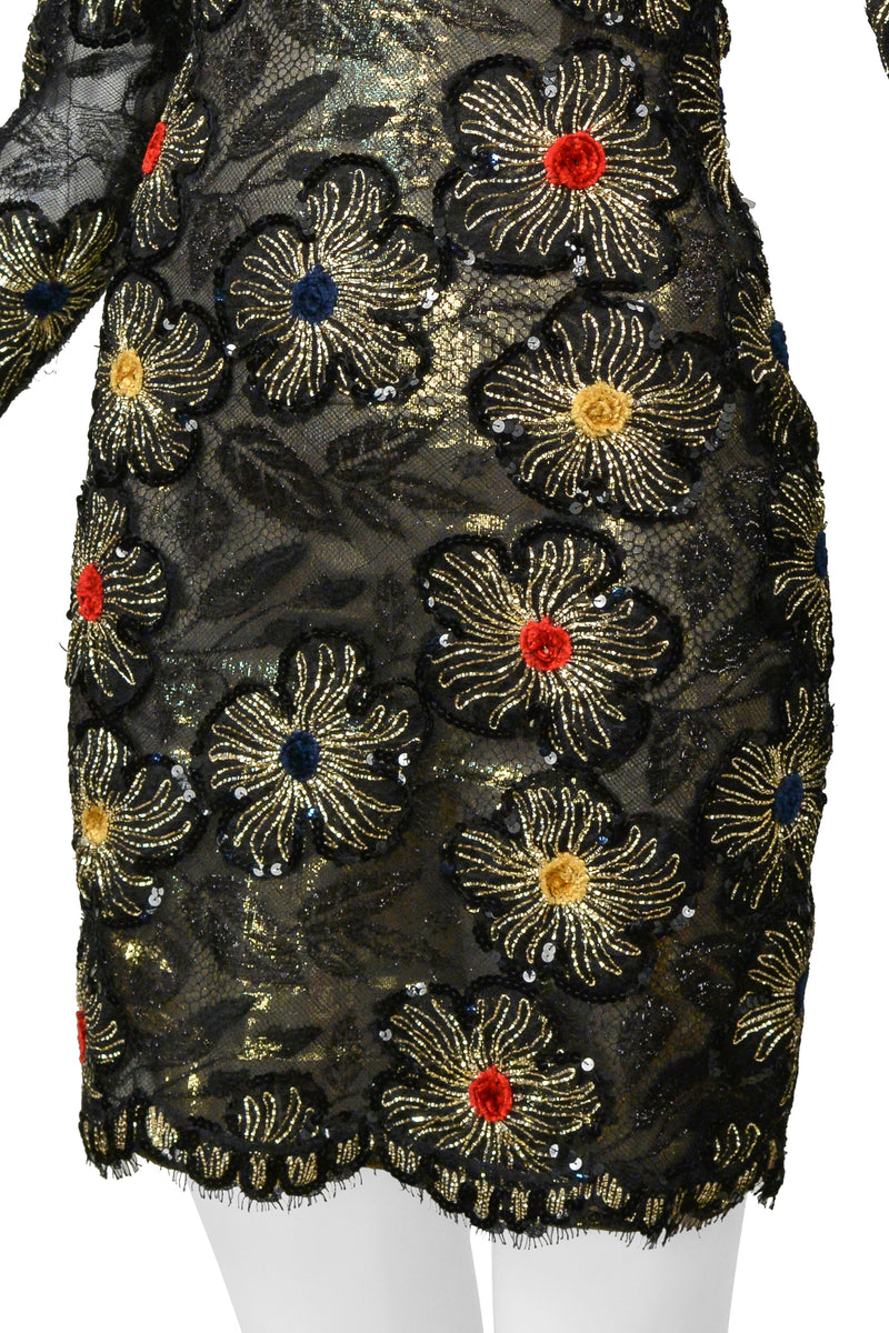 GALANOS BLACK & GOLD LACE DRESS WITH EMBROIDERED GOLD STARBURSTS