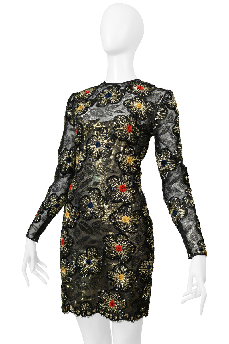 GALANOS BLACK & GOLD LACE DRESS WITH EMBROIDERED GOLD STARBURSTS