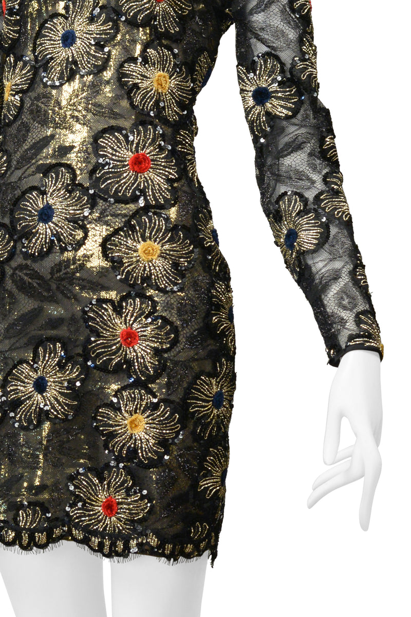 GALANOS BLACK & GOLD LACE DRESS WITH EMBROIDERED GOLD STARBURSTS