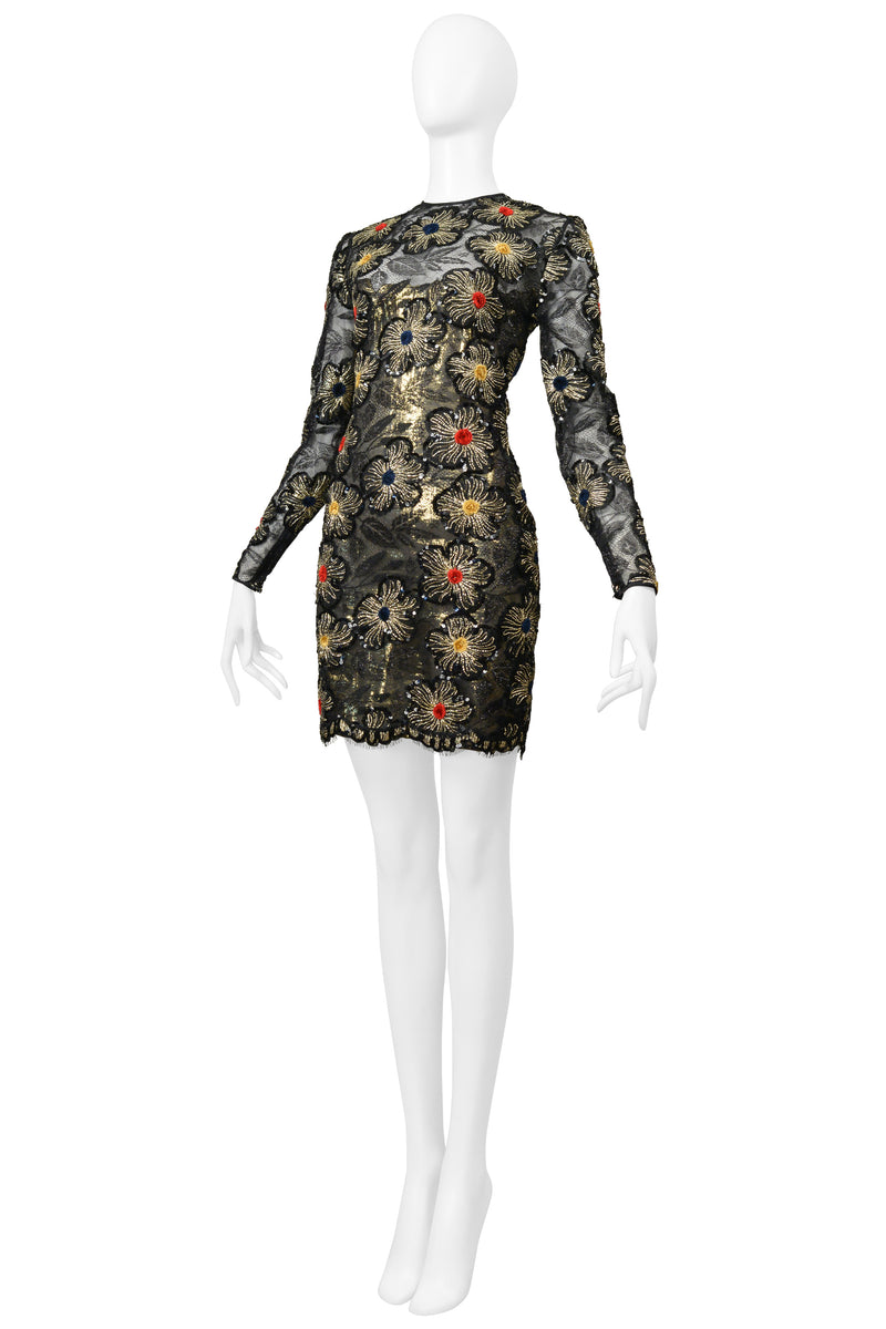 GALANOS BLACK & GOLD LACE DRESS WITH EMBROIDERED GOLD STARBURSTS