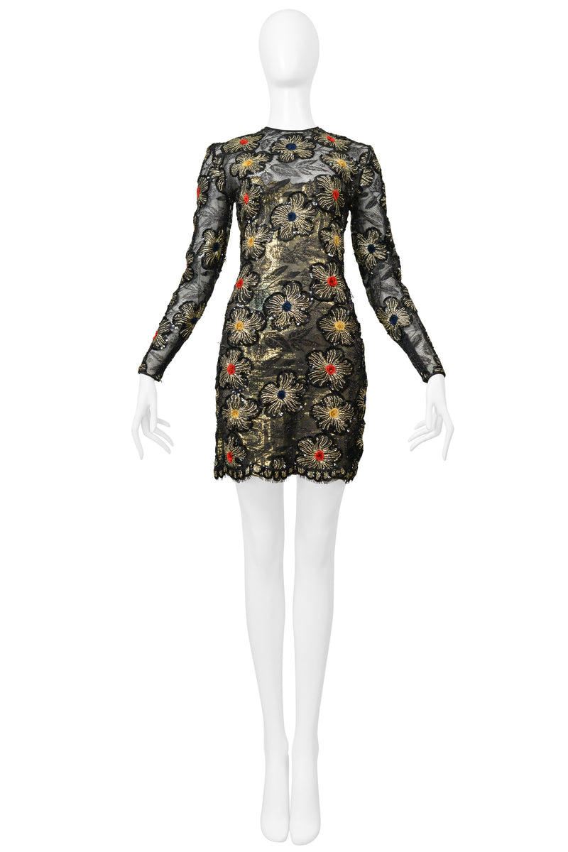 GALANOS BLACK & GOLD LACE DRESS WITH EMBROIDERED GOLD STARBURSTS