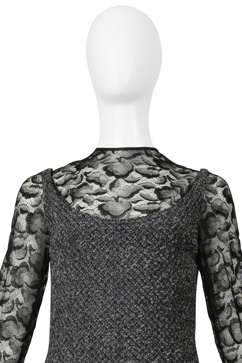 GALANOS GREY BOUCLE ILLUSION DRESS WITH BLACK LACE