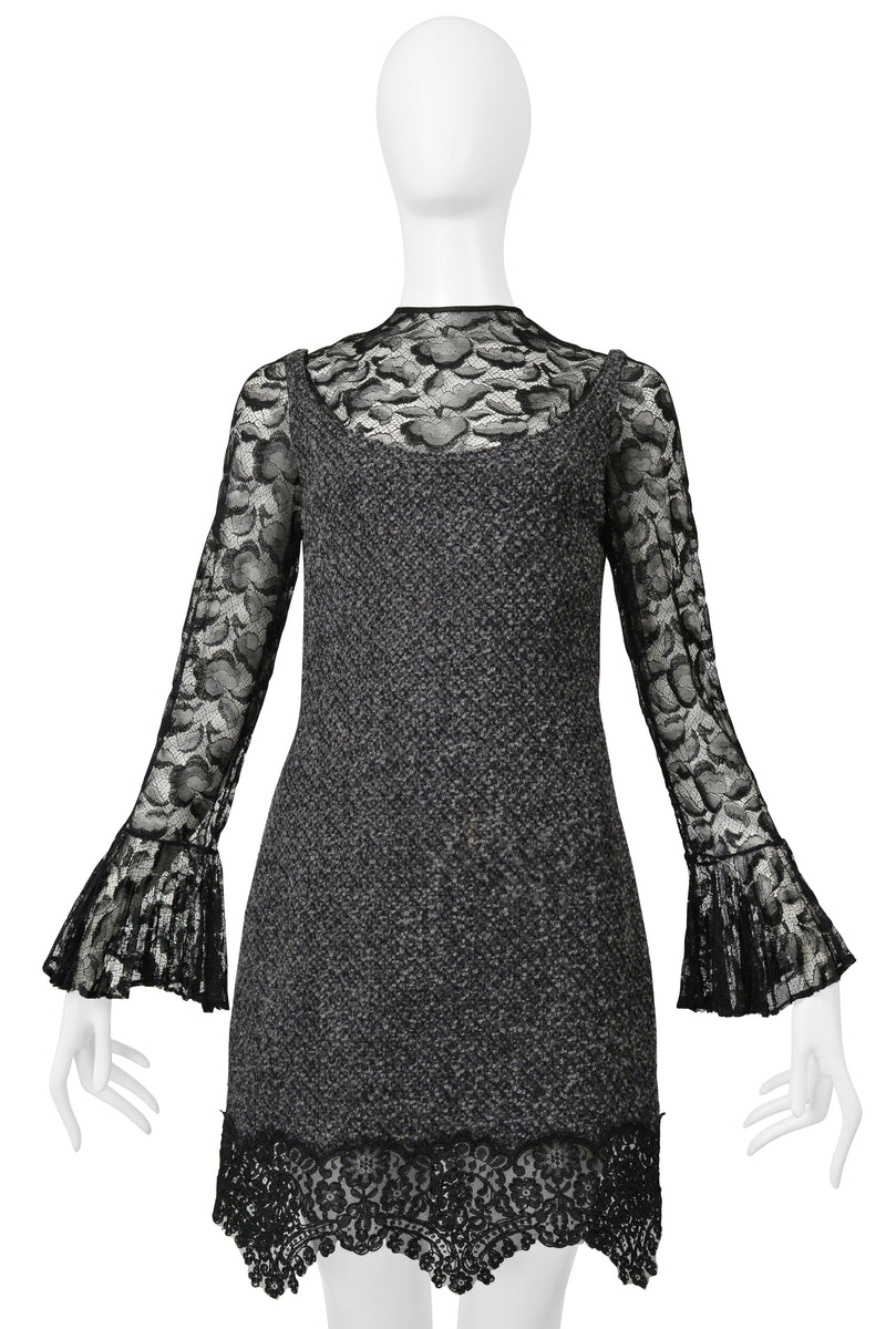 GALANOS GREY BOUCLE ILLUSION DRESS WITH BLACK LACE