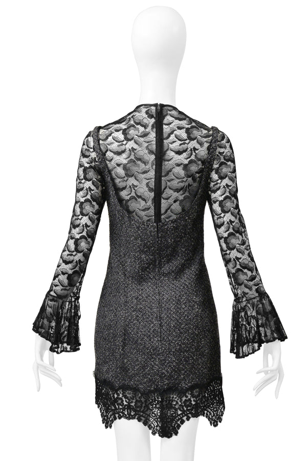 GALANOS GREY BOUCLE ILLUSION DRESS WITH BLACK LACE