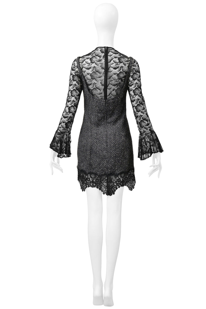 GALANOS GREY BOUCLE ILLUSION DRESS WITH BLACK LACE