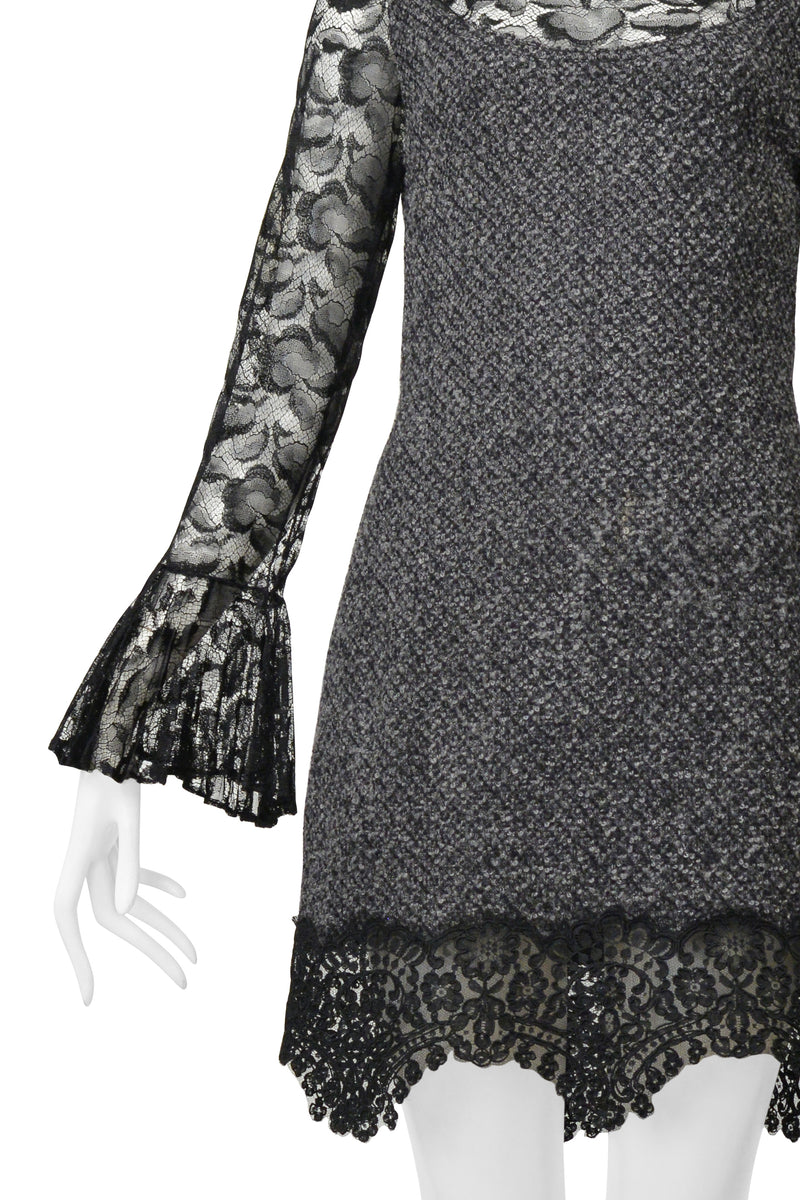 GALANOS GREY BOUCLE ILLUSION DRESS WITH BLACK LACE