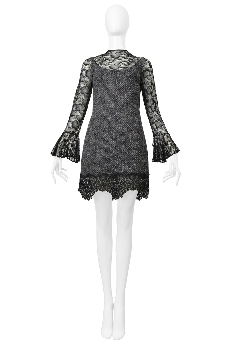 GALANOS GREY BOUCLE ILLUSION DRESS WITH BLACK LACE