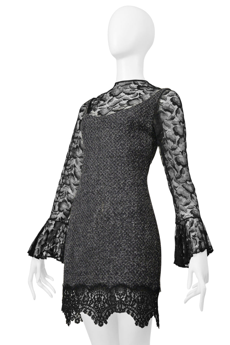 GALANOS GREY BOUCLE ILLUSION DRESS WITH BLACK LACE