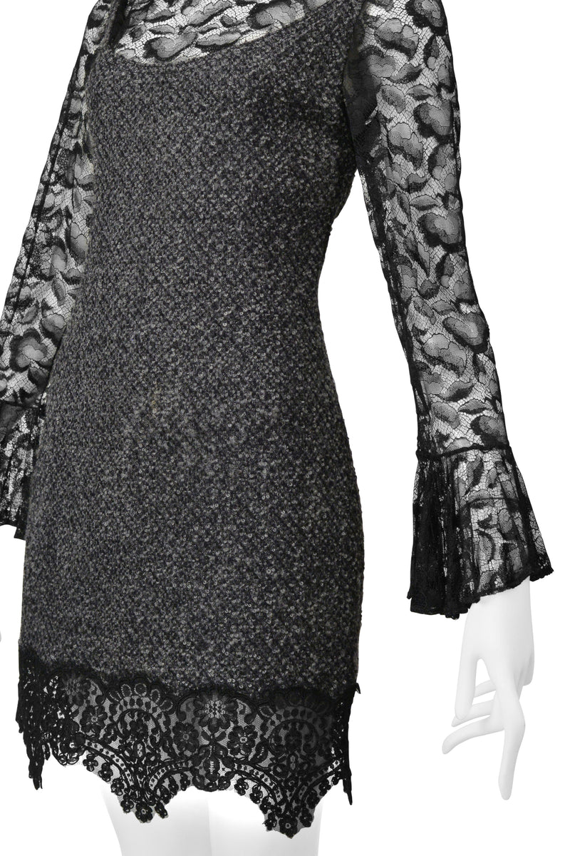 GALANOS GREY BOUCLE ILLUSION DRESS WITH BLACK LACE