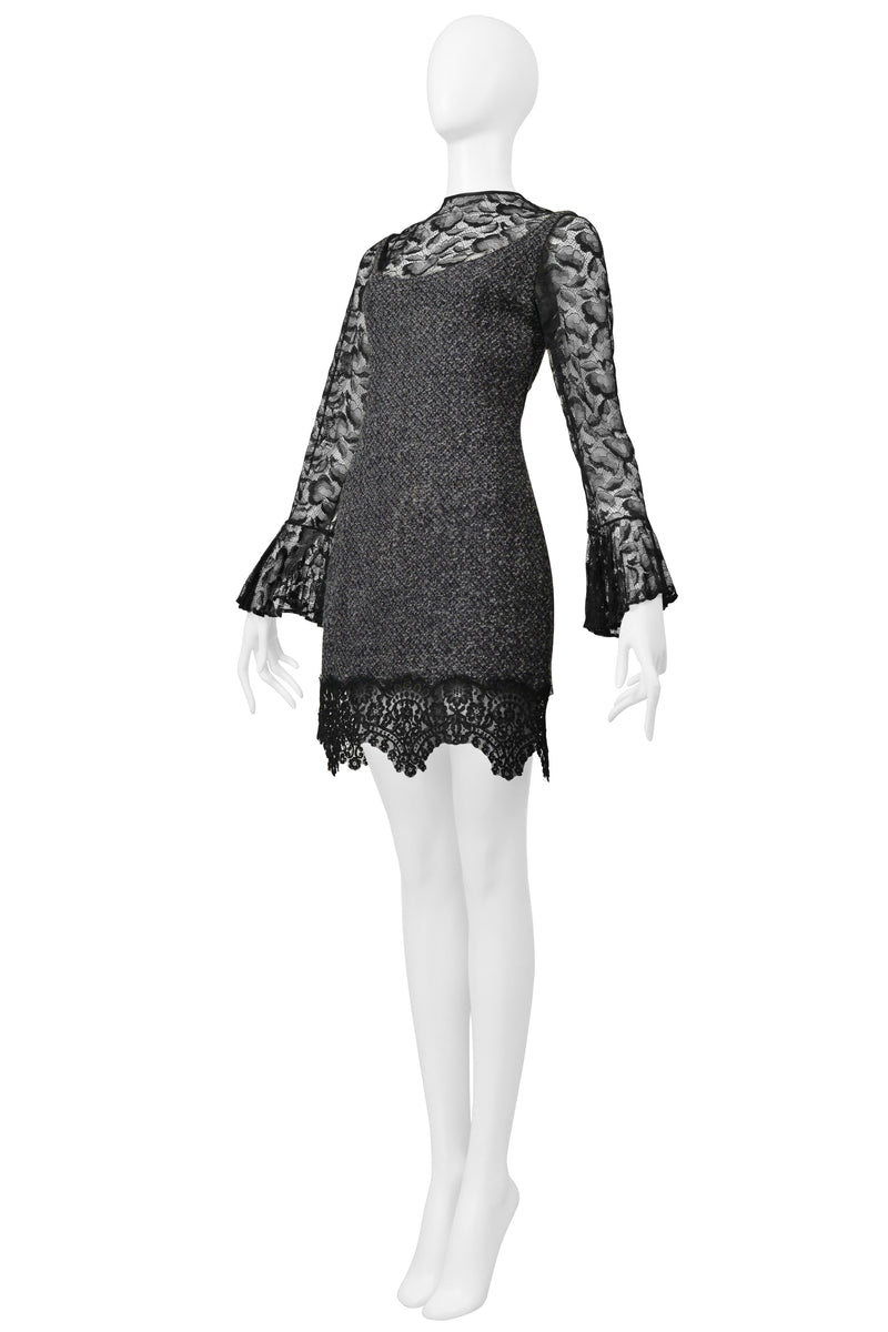 GALANOS GREY BOUCLE ILLUSION DRESS WITH BLACK LACE