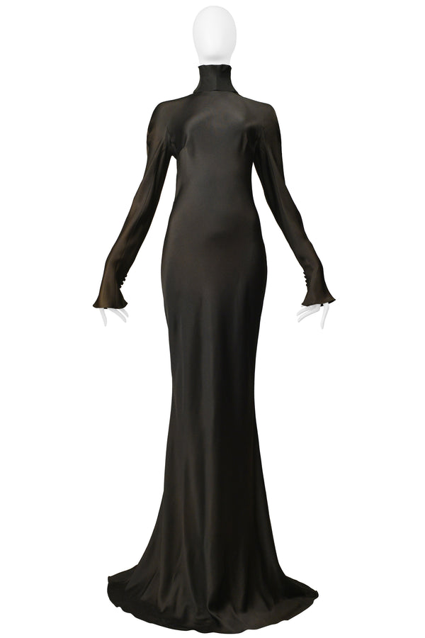 JOHN GALLIANO BRONZE SATIN GOWN WITH HIGH NECK AND DRAMATIC LONG SLEEVES 1998