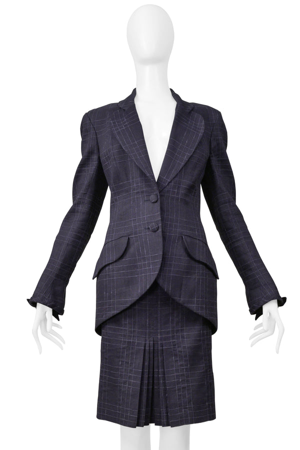 JOHN GALLIANO NAVY BLUE WINDOWPANE PLAID SKIRT SUIT 1999