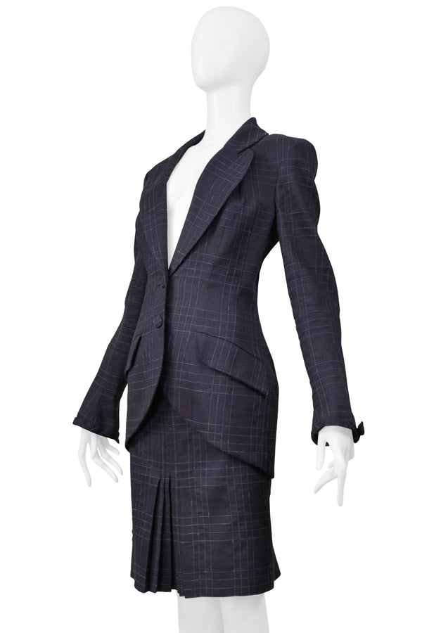 JOHN GALLIANO NAVY BLUE WINDOWPANE PLAID SKIRT SUIT 1999