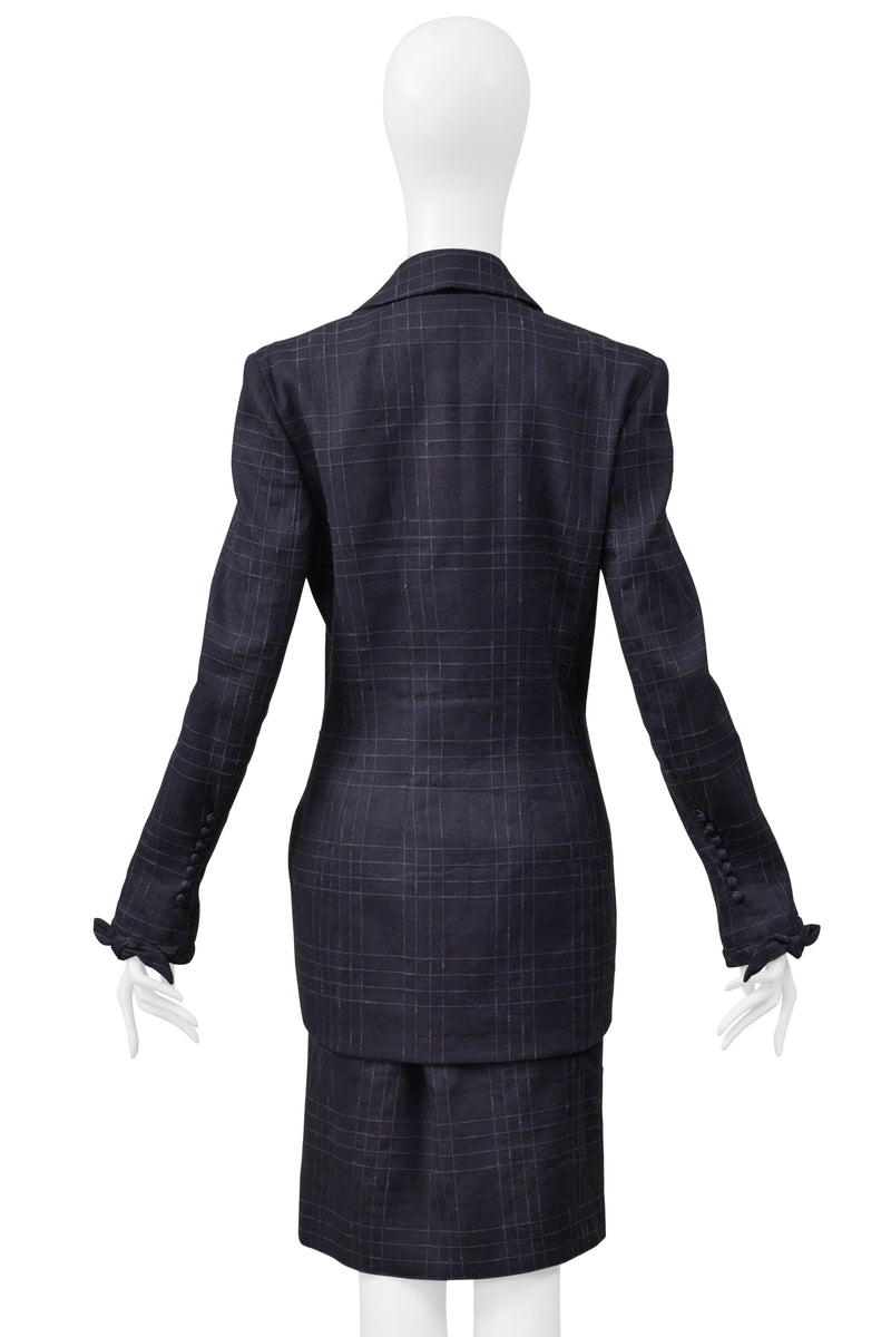 JOHN GALLIANO NAVY BLUE WINDOWPANE PLAID SKIRT SUIT 1999