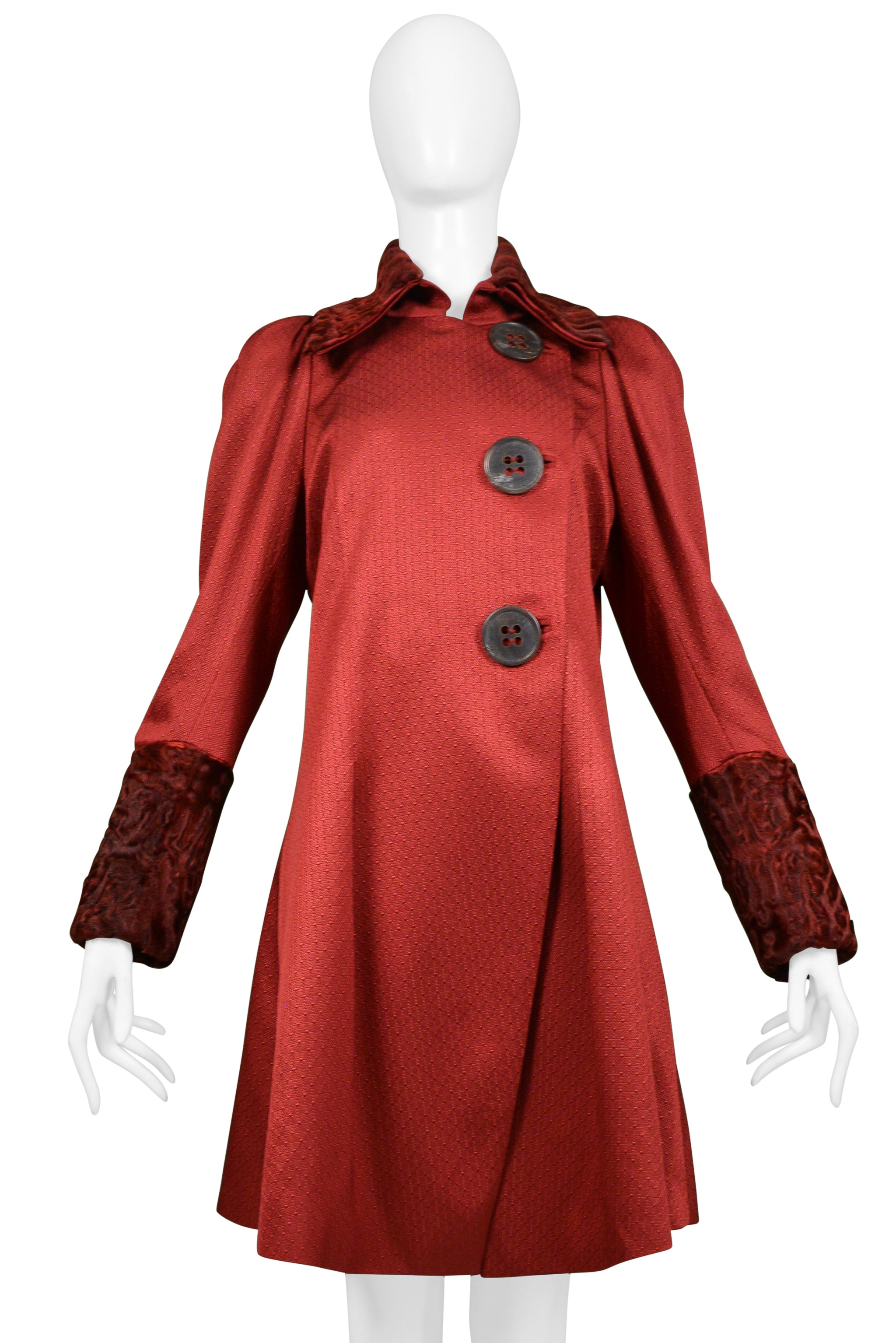 JOHN GALLIANO BURGUNDY RED COAT WITH CURLY LAMB COLLAR AND CUFFS 2007