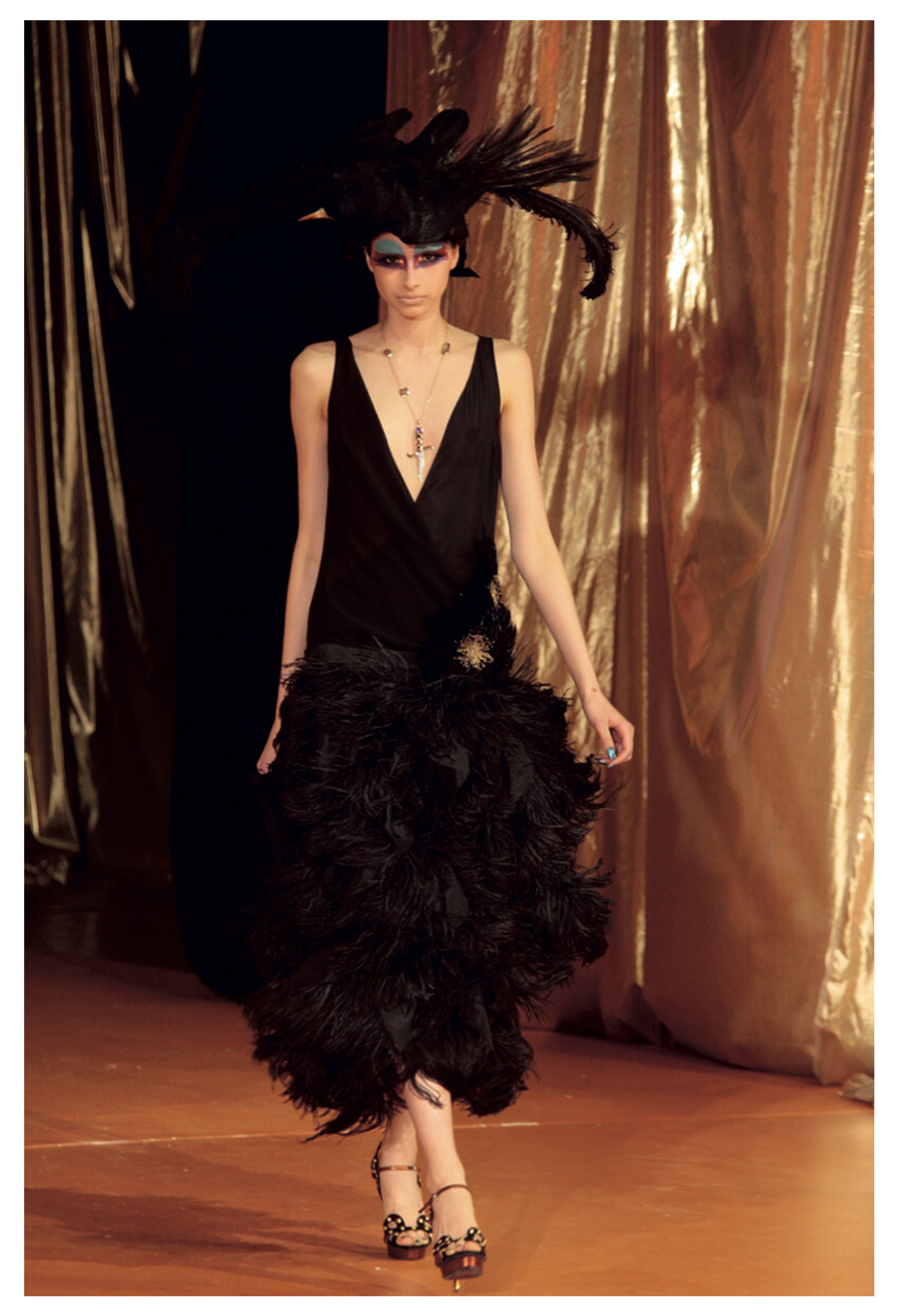 JOHN GALLIANO BLACK RUNWAY GOWN WITH FEATHER BALL GOWN SKIRT 2008