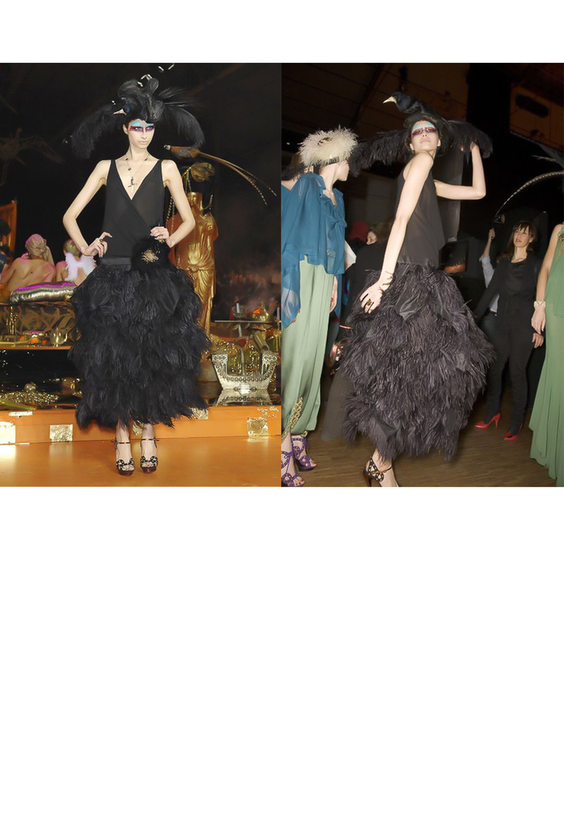JOHN GALLIANO BLACK RUNWAY GOWN WITH FEATHER BALL GOWN SKIRT 2008