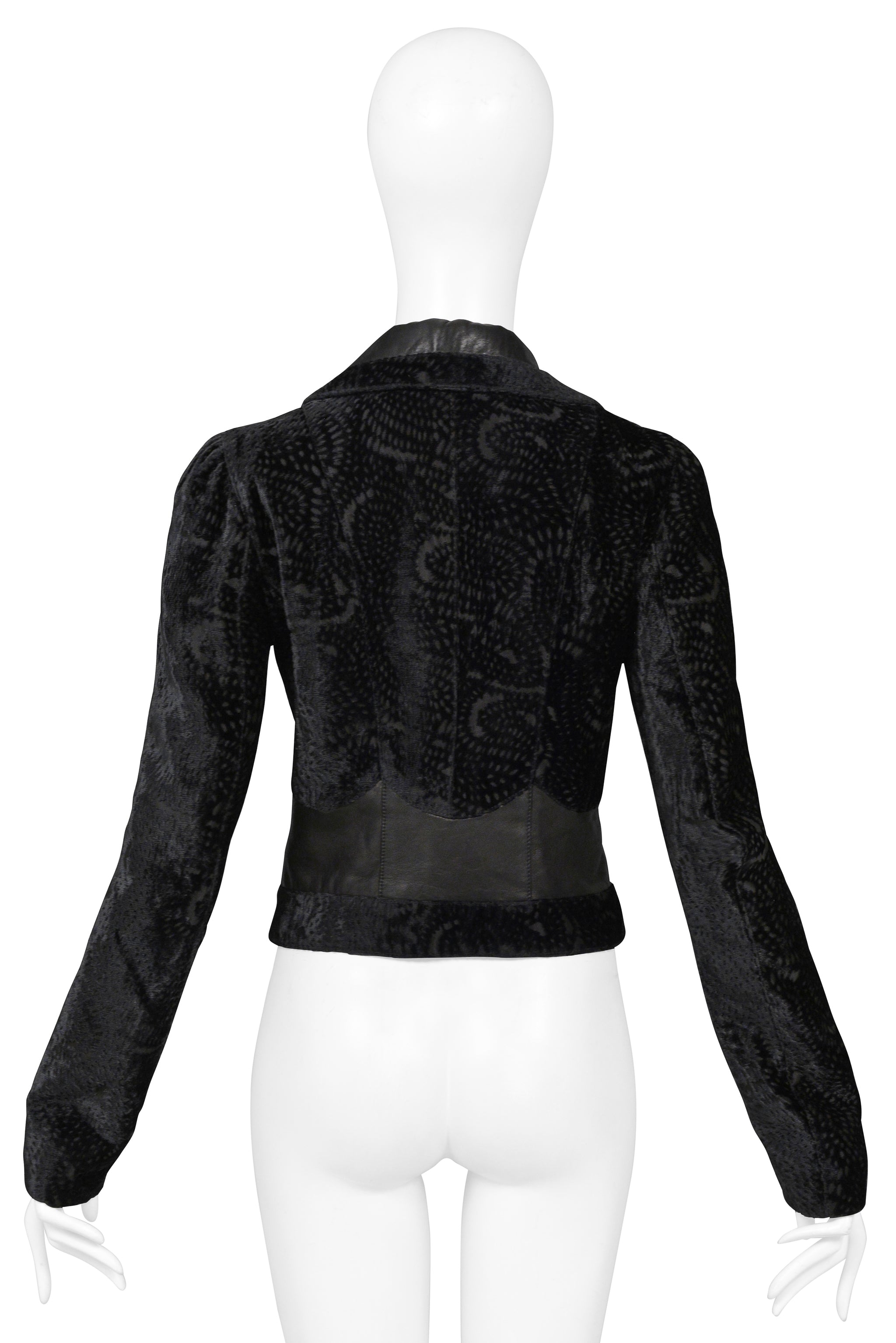 JOHN GALLIANO BLACK FLORAL SILK VELVET JACKET WITH LEATHER INSETS 2005