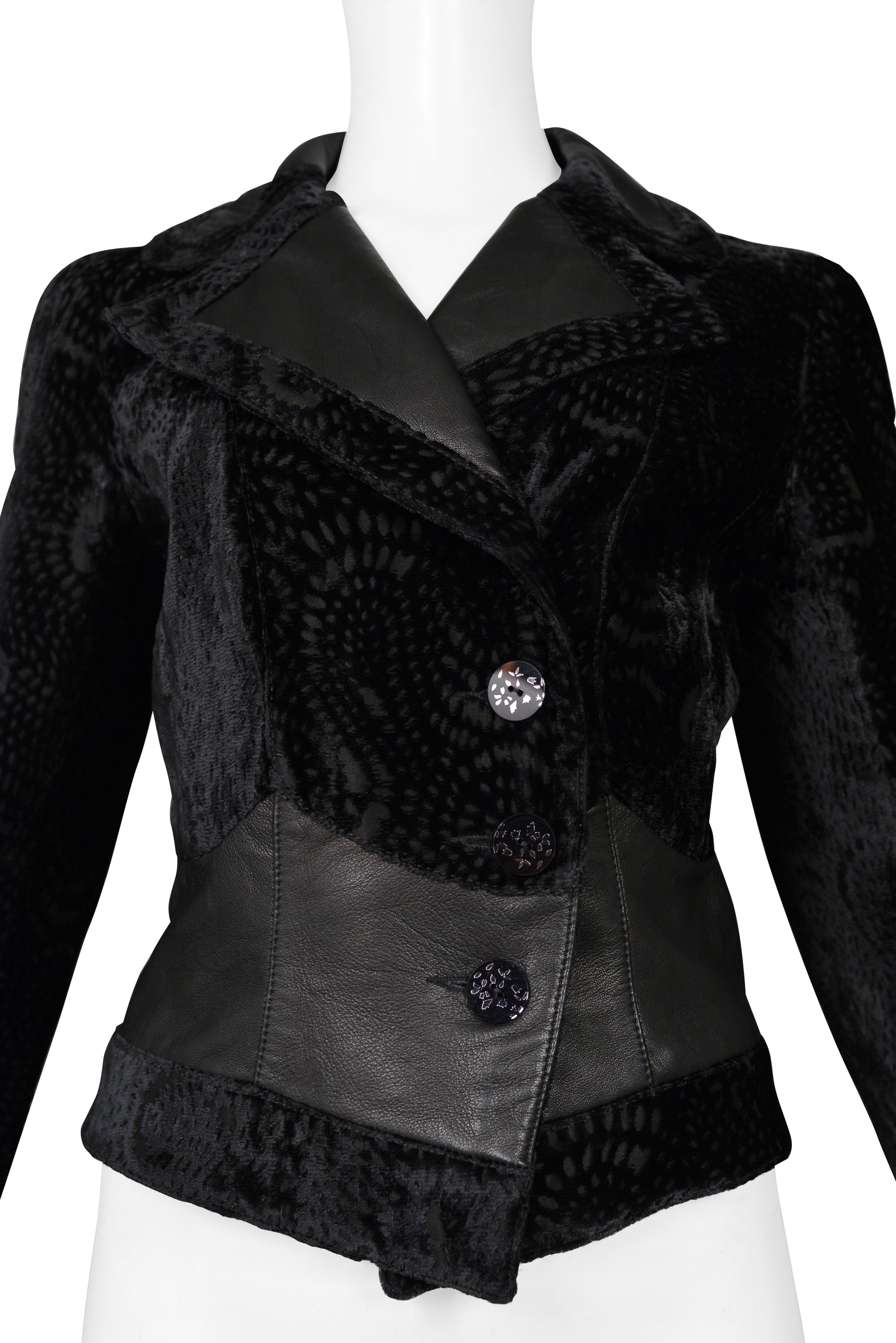 JOHN GALLIANO BLACK FLORAL SILK VELVET JACKET WITH LEATHER INSETS 2005