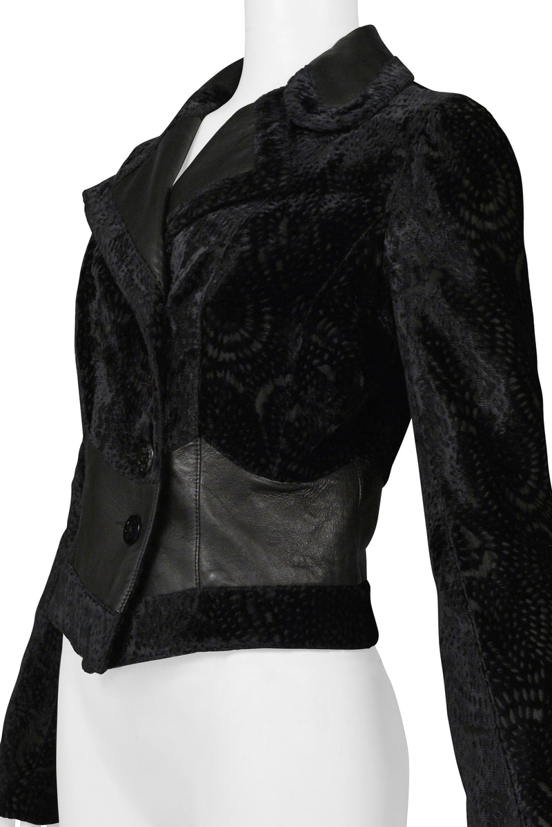 JOHN GALLIANO BLACK FLORAL SILK VELVET JACKET WITH LEATHER INSETS 2005