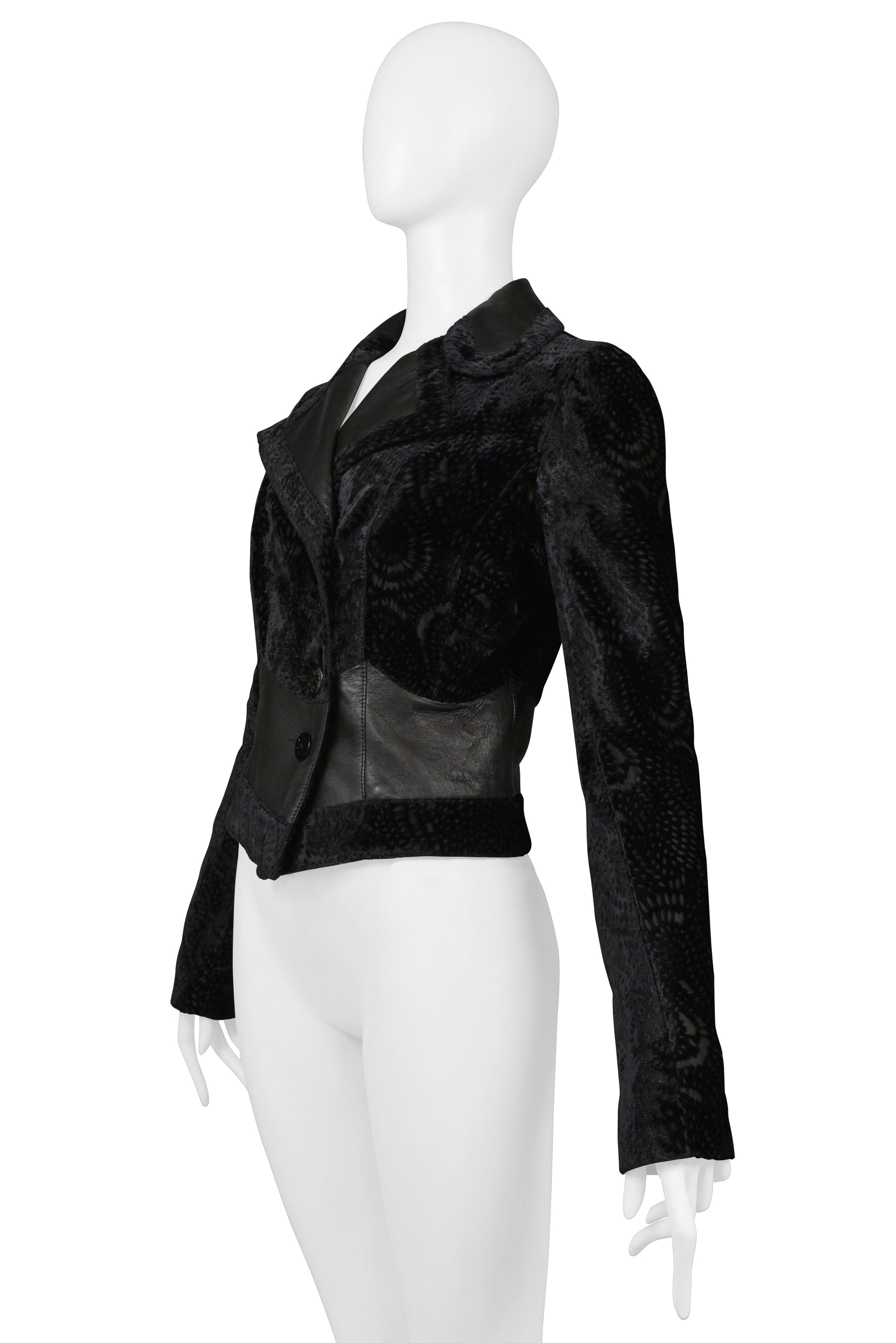 JOHN GALLIANO BLACK FLORAL SILK VELVET JACKET WITH LEATHER INSETS 2005