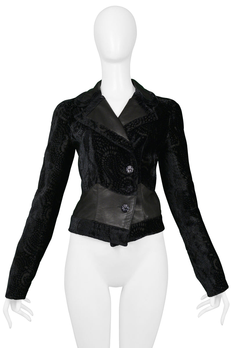 JOHN GALLIANO BLACK FLORAL SILK VELVET JACKET WITH LEATHER INSETS 2005