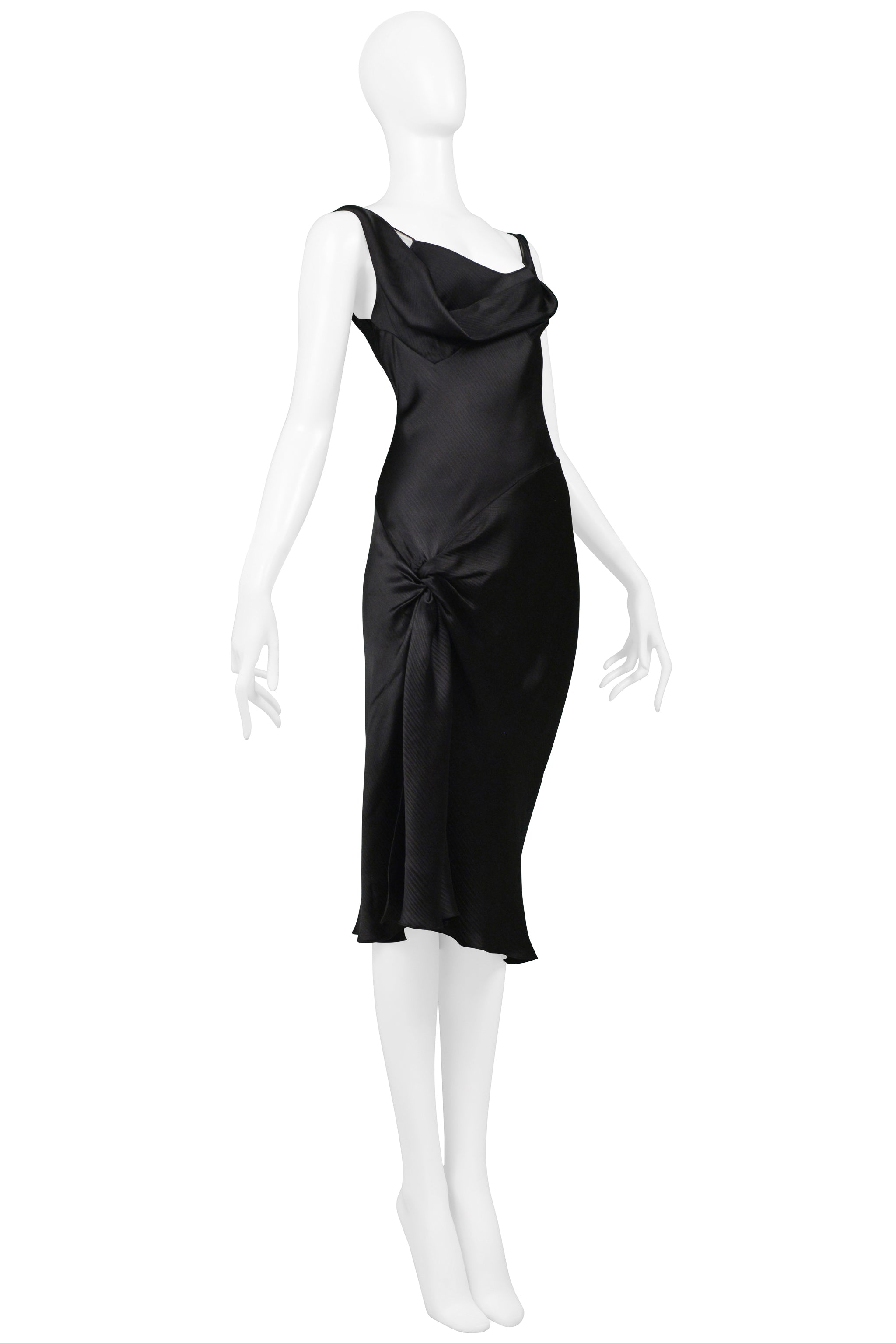JOHN GALLIANO BLACK SATIN SLIP DRESS WITH HIP KNOT AND SLIT