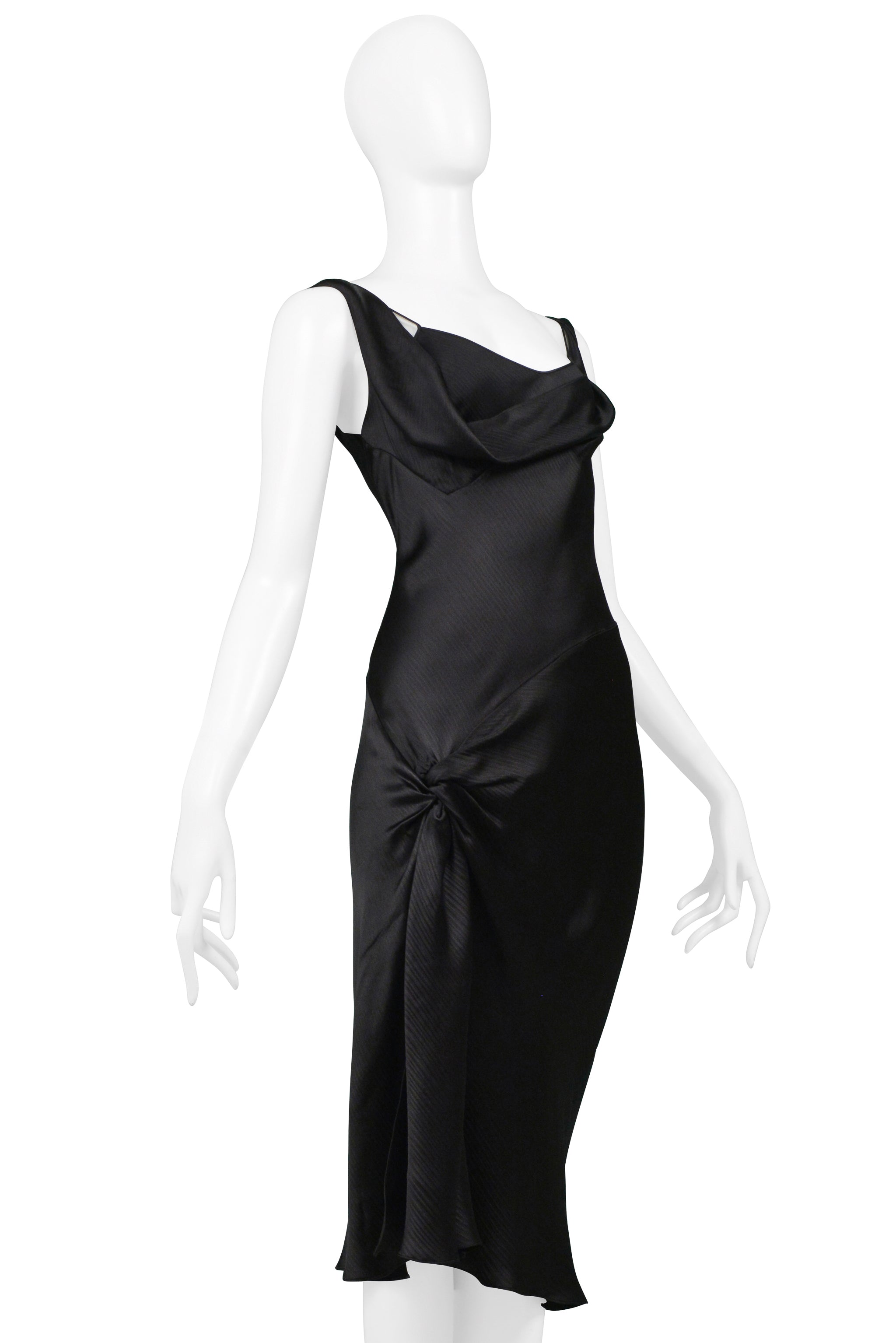 JOHN GALLIANO BLACK SATIN SLIP DRESS WITH HIP KNOT AND SLIT