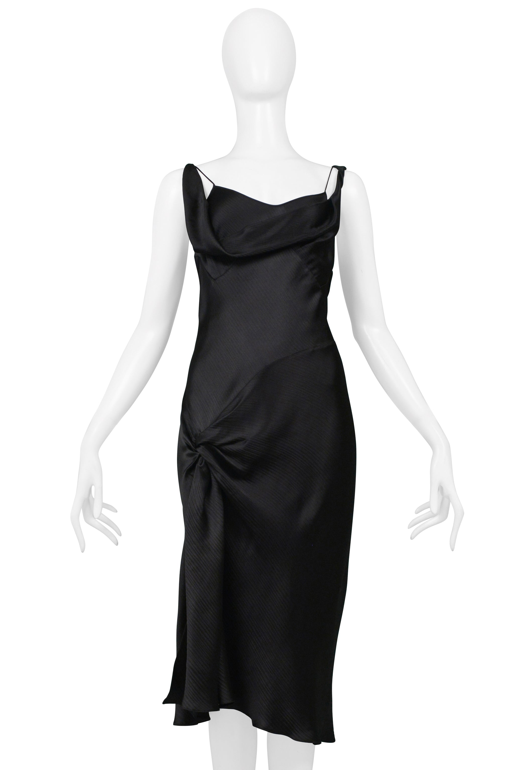 JOHN GALLIANO BLACK SATIN SLIP DRESS WITH HIP KNOT AND SLIT
