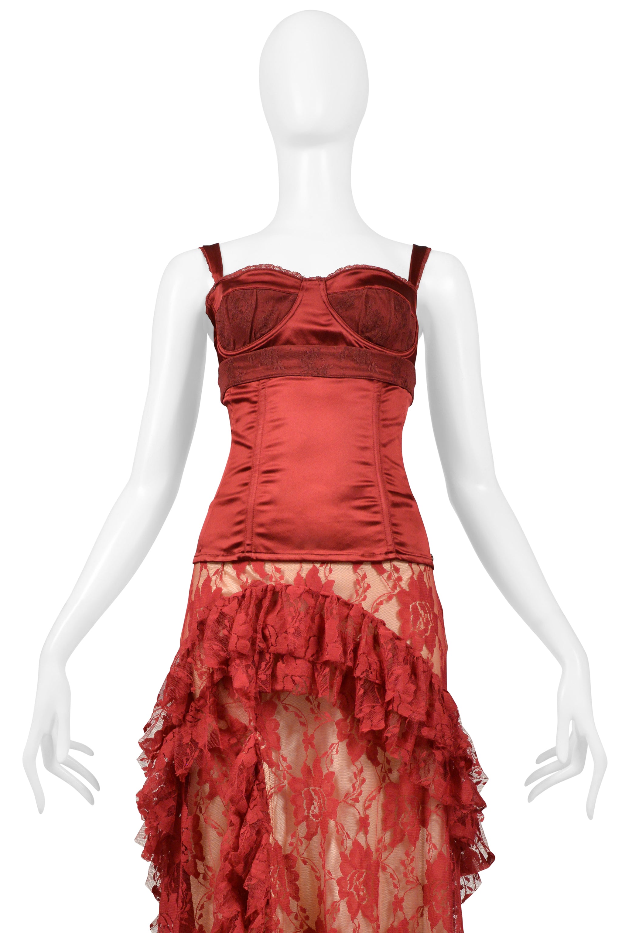 JOHN GALLIANO BURGUNDY LACE BALLGOWN SKIRT & CORSET TOP