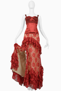 JOHN GALLIANO BURGUNDY LACE BALLGOWN SKIRT & CORSET TOP