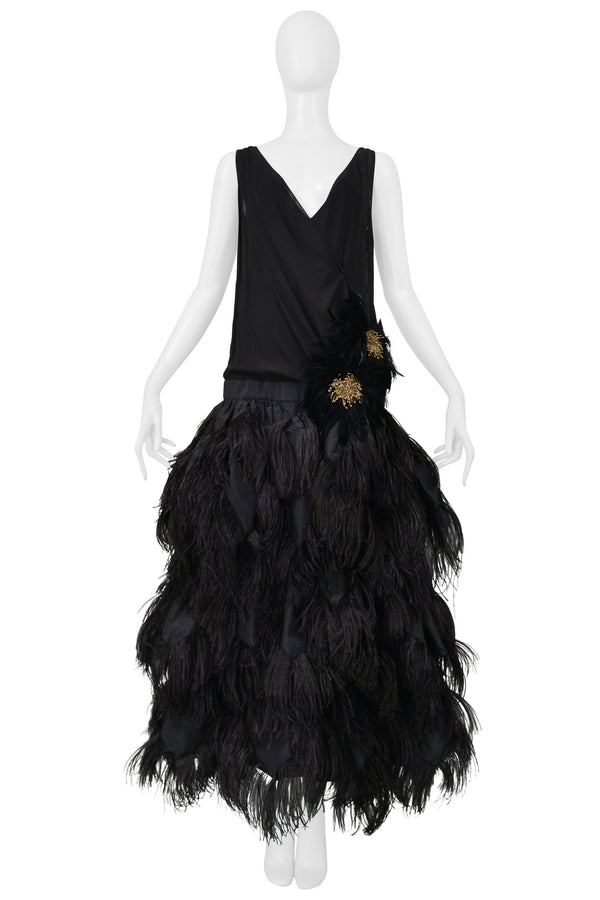JOHN GALLIANO BLACK RUNWAY GOWN WITH FEATHER BALL GOWN SKIRT 2008