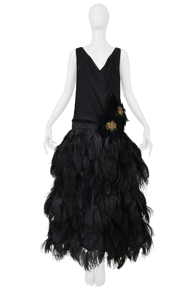 JOHN GALLIANO BLACK RUNWAY GOWN WITH FEATHER BALL GOWN SKIRT 2008