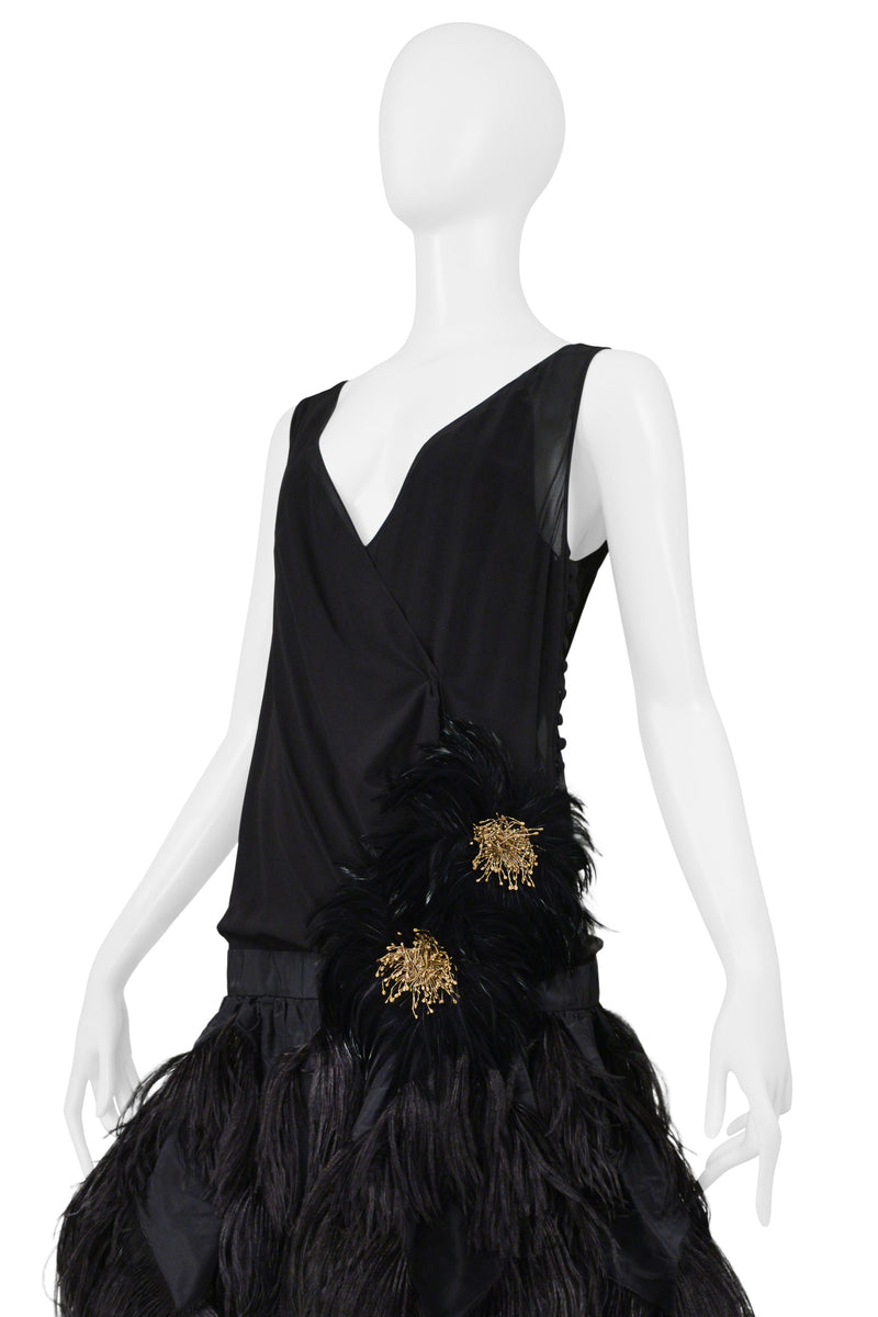 JOHN GALLIANO BLACK RUNWAY GOWN WITH FEATHER BALL GOWN SKIRT 2008