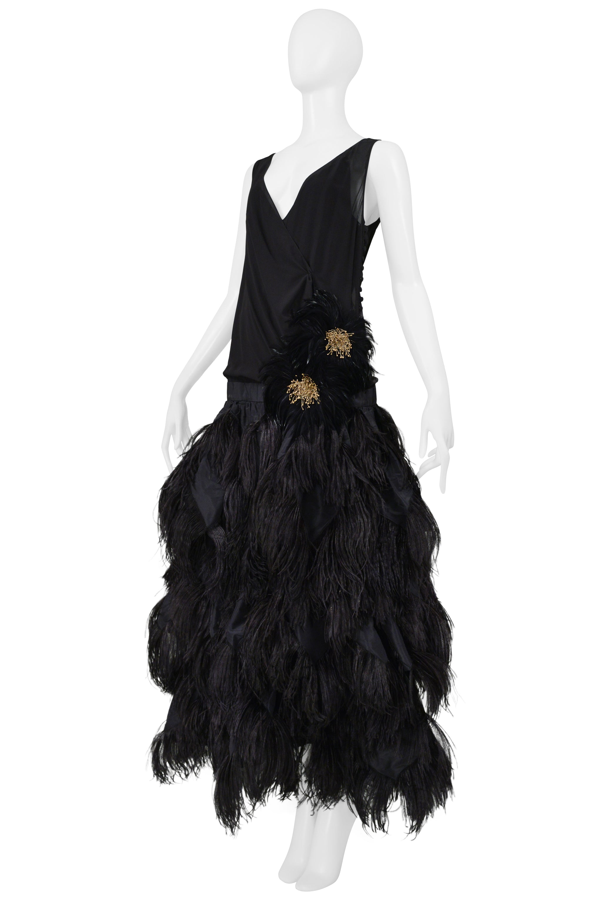 JOHN GALLIANO BLACK RUNWAY GOWN WITH FEATHER BALL GOWN SKIRT 2008