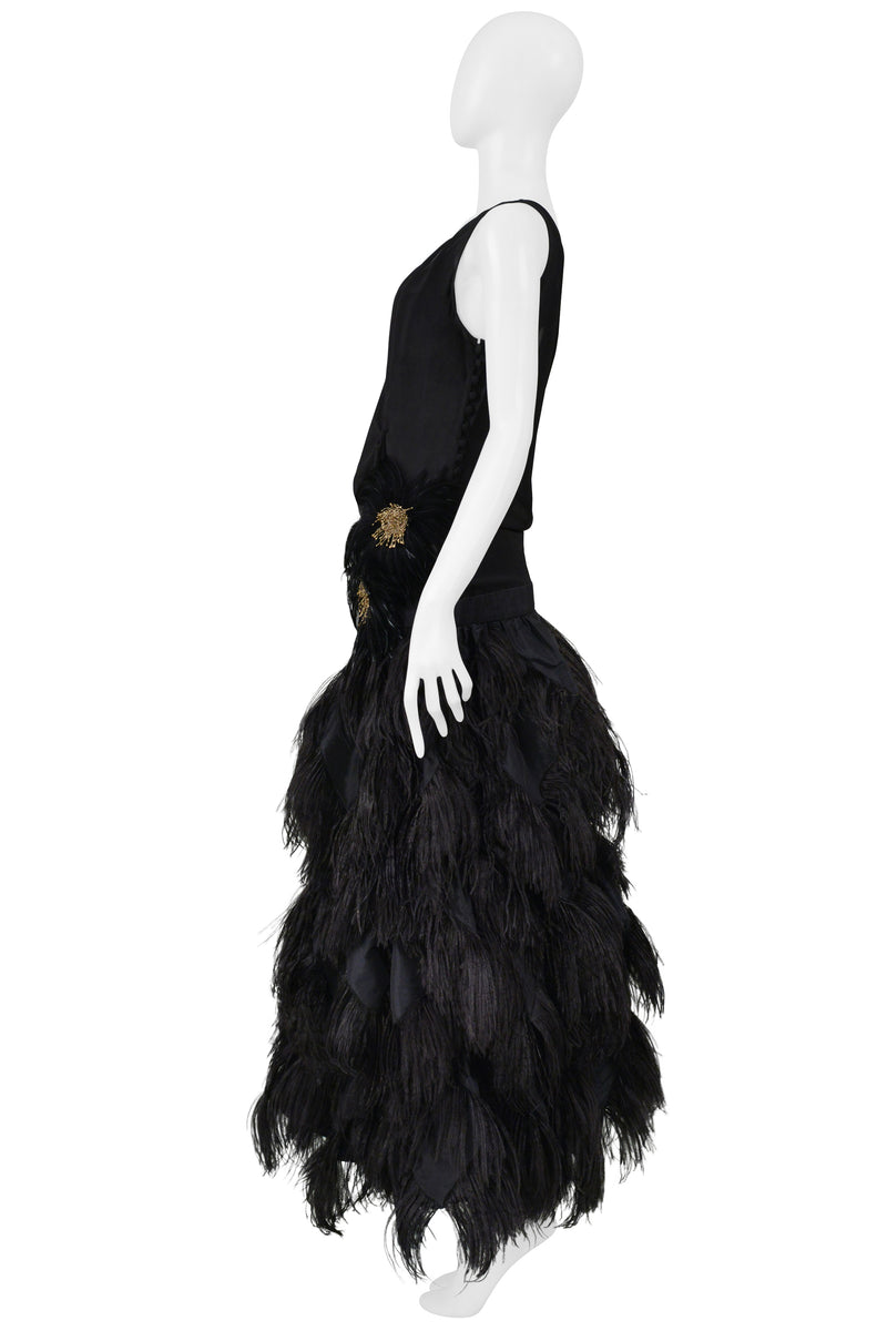 JOHN GALLIANO BLACK RUNWAY GOWN WITH FEATHER BALL GOWN SKIRT 2008