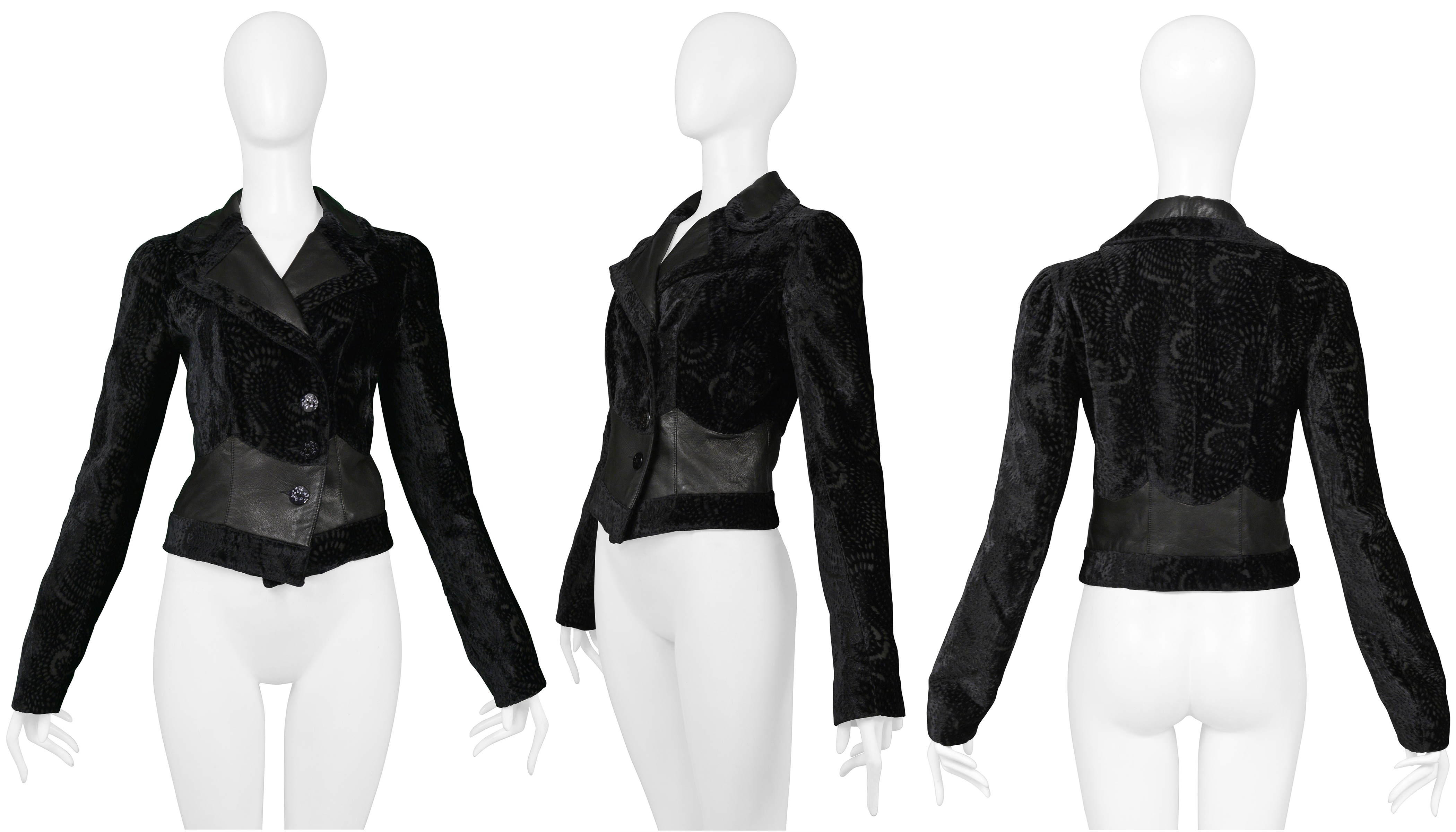 JOHN GALLIANO BLACK FLORAL SILK VELVET JACKET WITH LEATHER INSETS 2005