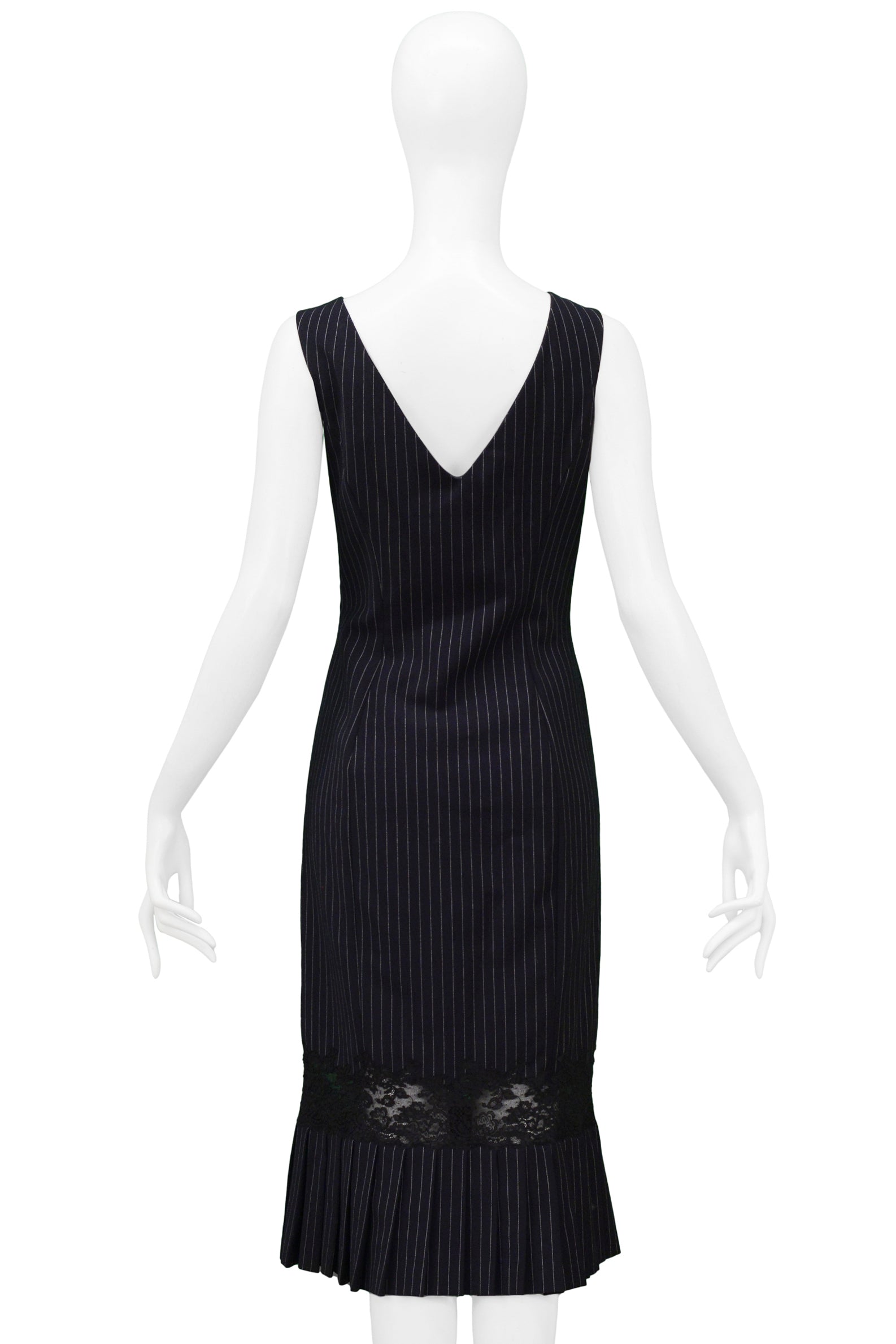 JOHN GALLIANO NAVY PINSTRIPE DRESS WITH LACE INSET