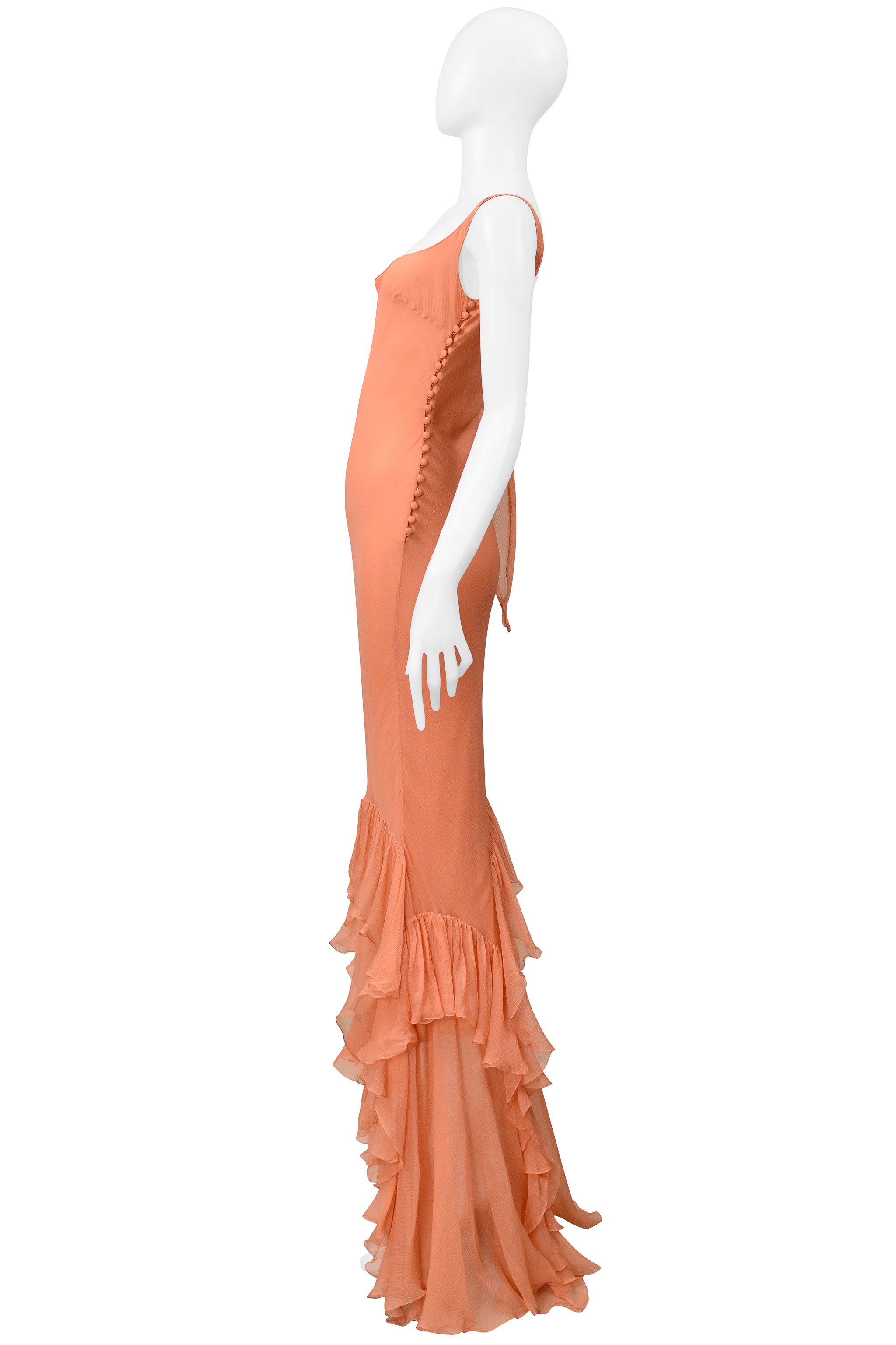 JOHN GALLIANO PEACH CHIFFON EVENING GOWN WITH RUFFLES 2000S