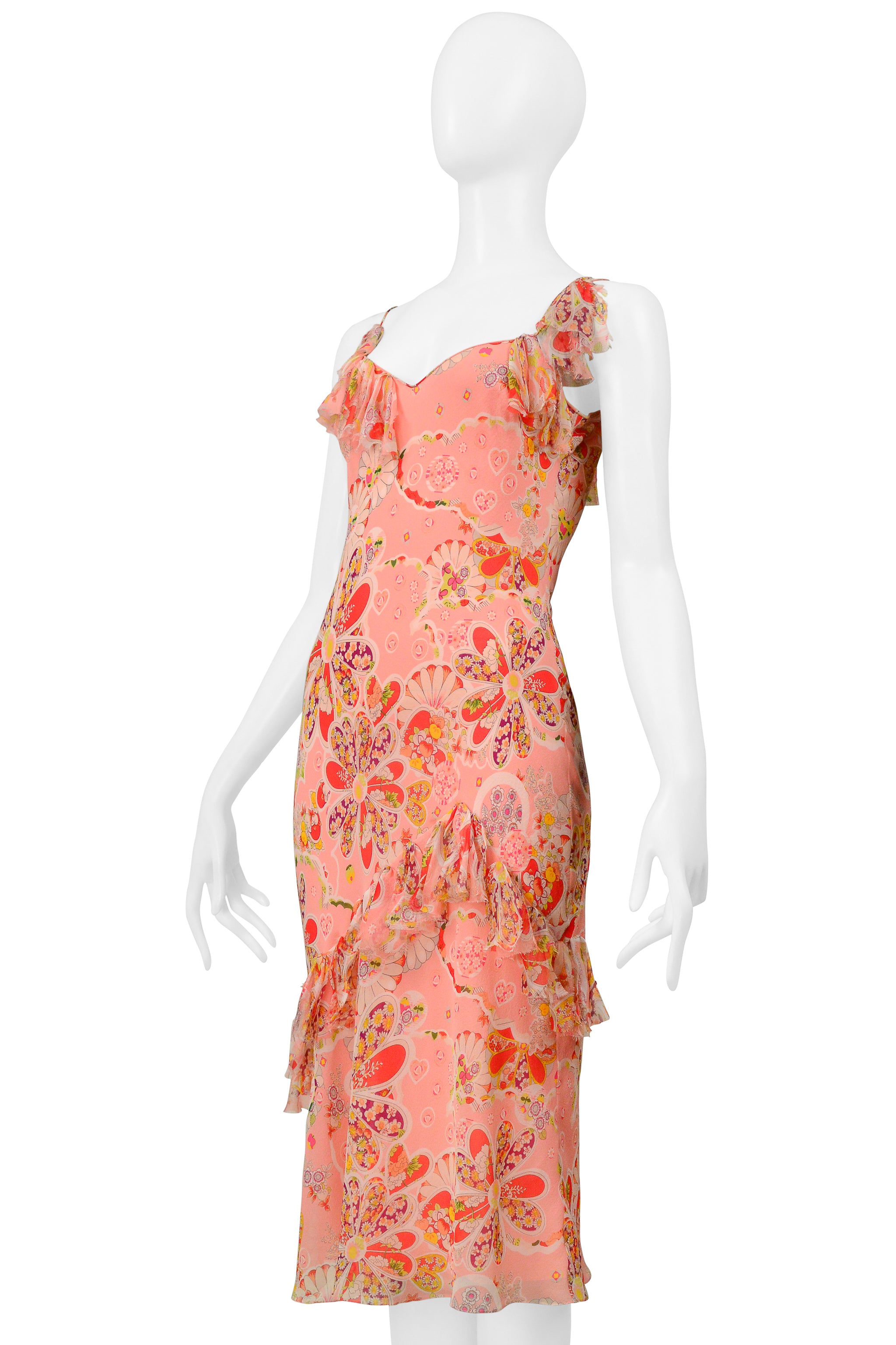 JOHN GALLIANO PINK FLORAL PRINTED SLIP DRESS WITH BOWS